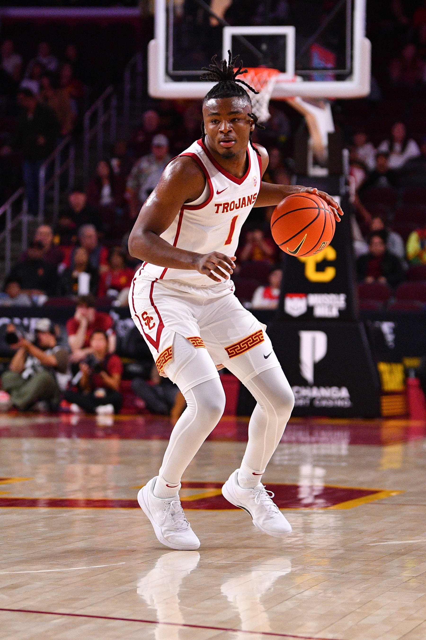 LOS ANGELES, CA - NOVEMBER 09: USC Trojans guard Isaiah Collier (1) dribbles up the court during the college basketball game between the Cal State Bakersfield Roadrunners and the USC Trojans on November 9, 2023 at Galen Center in Los Angeles, CA. (Photo by Brian Rothmuller/Icon Sportswire via Getty Images)