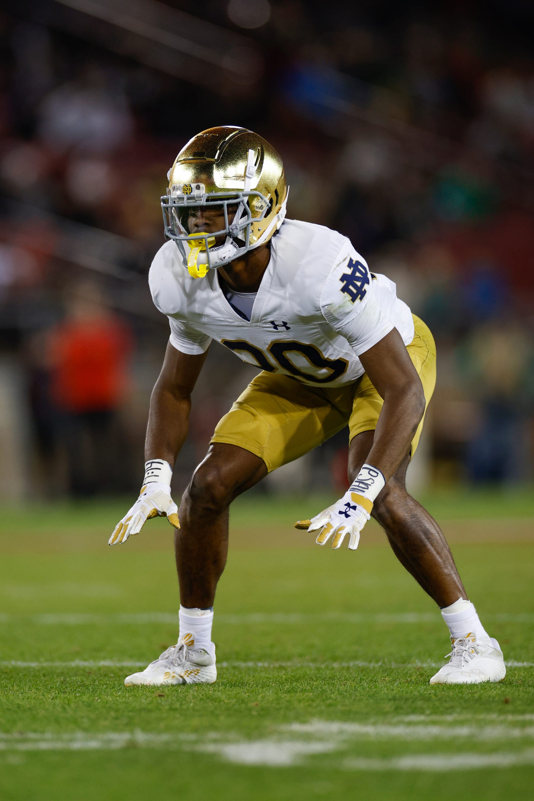 STANFORD, CALIFORNIA - NOVEMBER 25: Benjamin Morrison #20 of the Notre Dame Fighting Irish in a defensive position in the second half during a game against the Stanford Cardinal at Stanford Stadium on November 25, 2023 in Stanford, California. (Photo by Brandon Sloter/Image Of Sport/Getty Images)