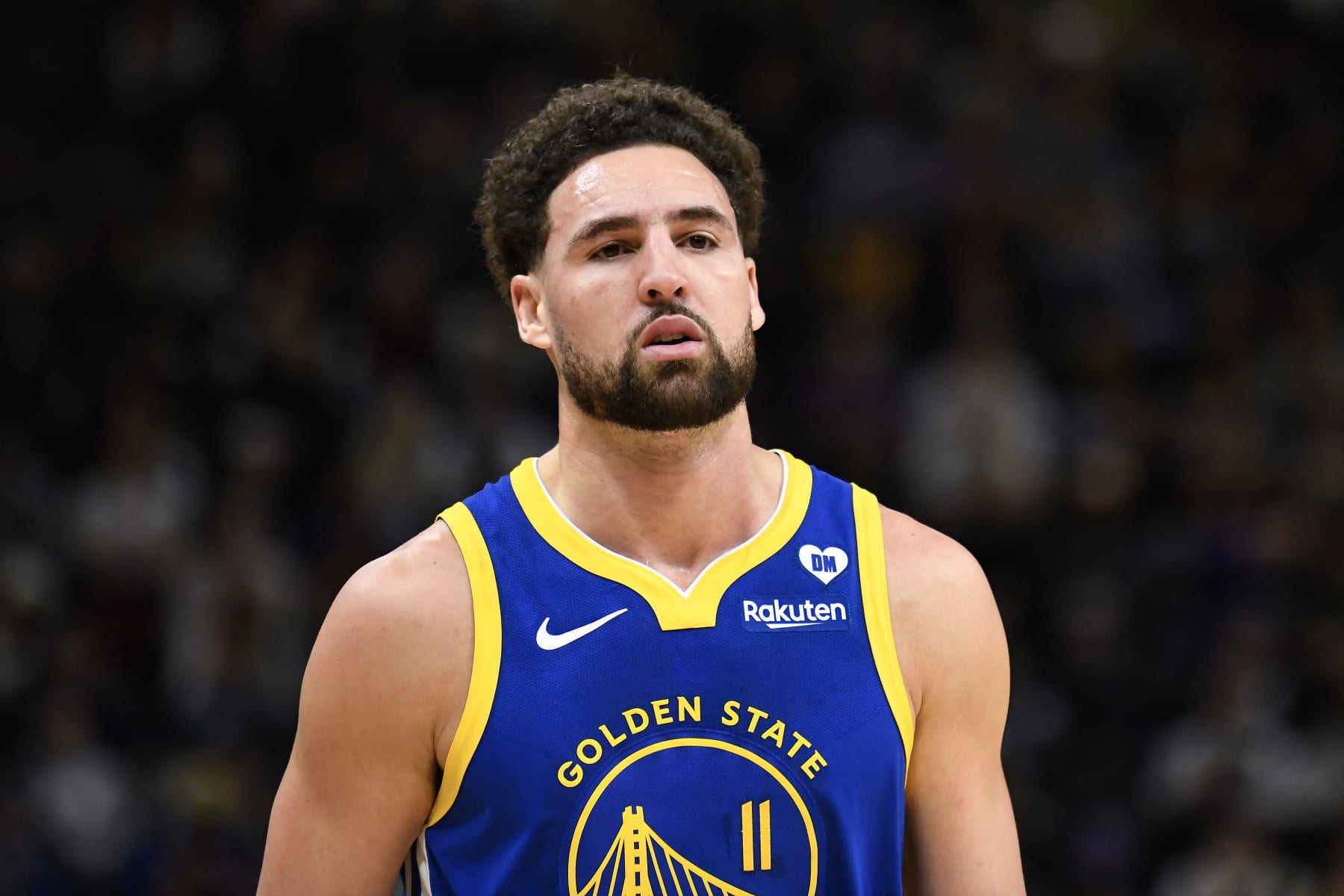 SALT LAKE CITY, UTAH - FEBRUARY 15: Klay Thompson #11 of the Golden State Warriors looks on during the first half of a game against the Utah Jazz at Delta Center on February 15, 2024 in Salt Lake City, Utah. NOTE TO USER: User expressly acknowledges and agrees that, by downloading and or using this photograph, User is consenting to the terms and conditions of the Getty Images License Agreement. (Photo by Alex Goodlett/Getty Images)