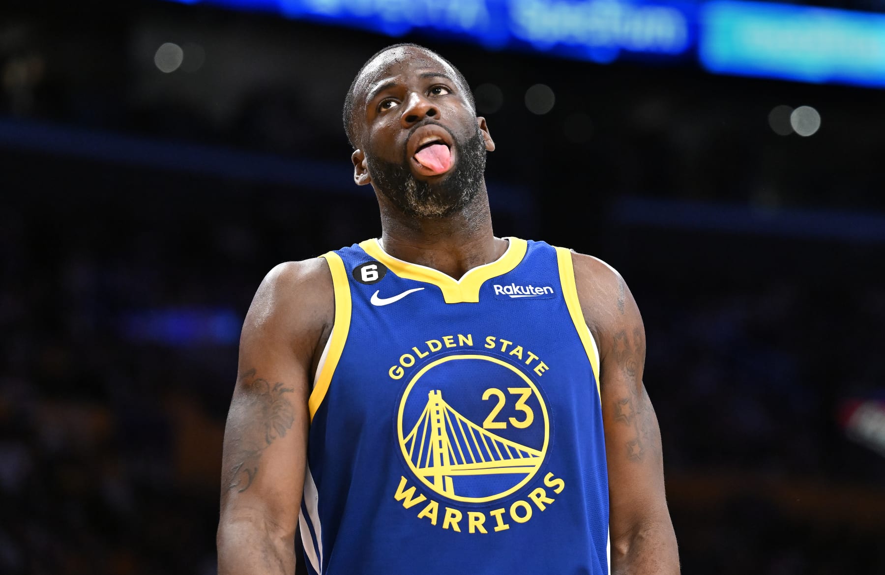 Los Angeles, California May 6, 2023-Warriors Draymond Green reacts after getting is fourth foul against the Lakers in Game 3 of the Western Conference semifinal at Crypto.com arena Saturday. (Wally Skalij/Los Angeles Times via Getty Images)