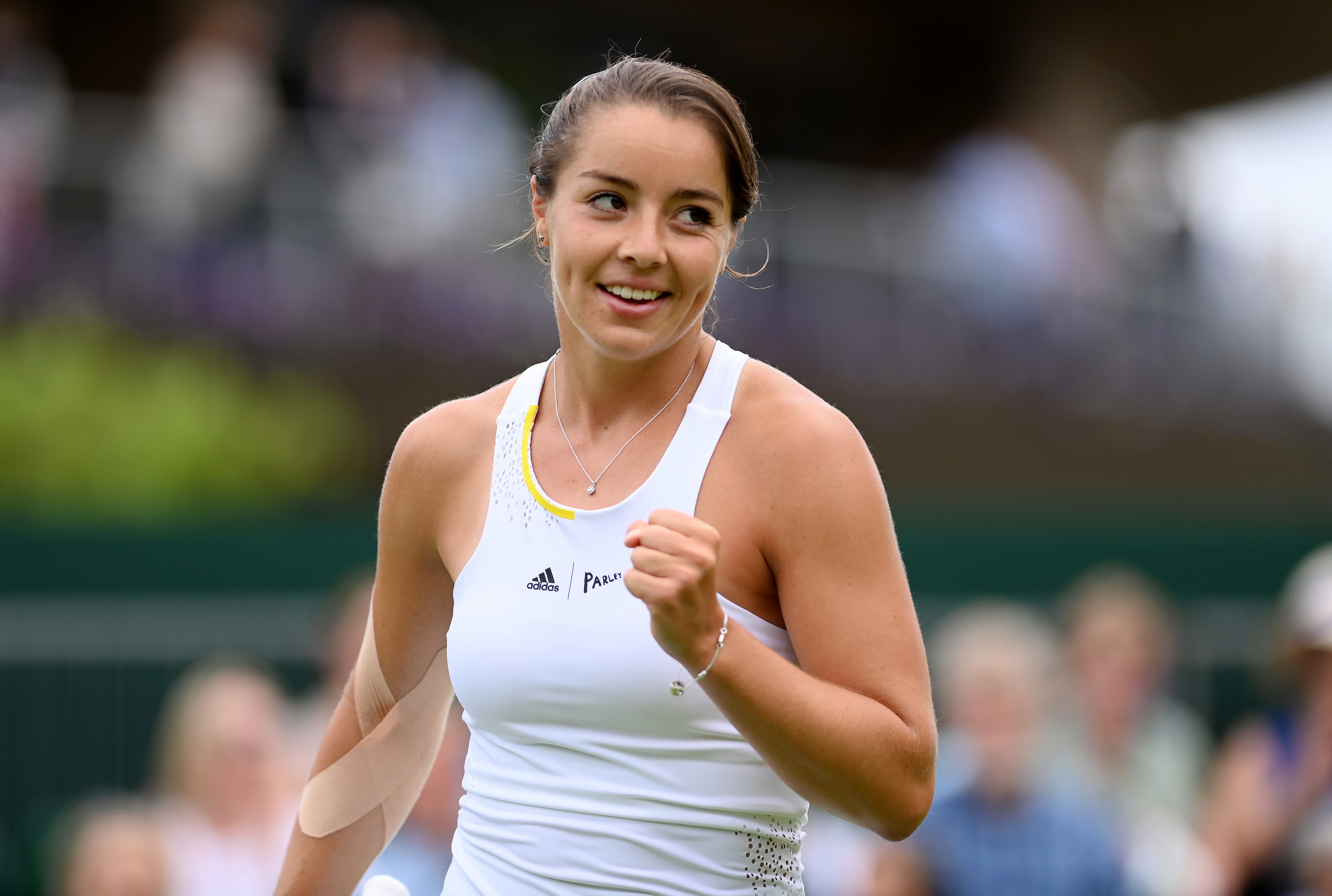 LONDON, ENGLAND - JUNE 27: Jodie Burrage of Great Britain reacts against Lesia Tsurenko of Ukraine during the Women's Singles First Round match during Day One of The Championships Wimbledon 2022 at All England Lawn Tennis and Croquet Club on June 27, 2022 in London, England. (Photo by Justin Setterfield/Getty Images)