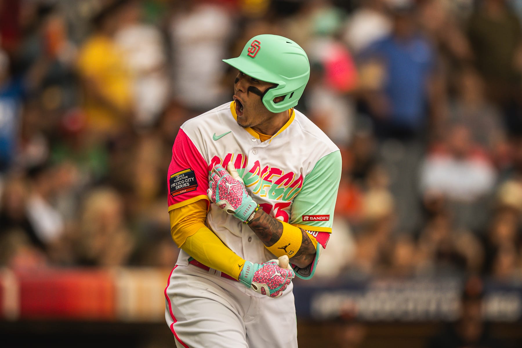 MEXICO CITY, MEXICO - APRIL 29: Manny Machado #13 of the San Diego Padres celebrates after hitting a home run against the San Francisco Giants at Alfredo Harp Helú Stadium on April 29, 2023 in Mexico City, Mexico. (Photo by Matt Thomas/San Diego Padres/Getty Images)