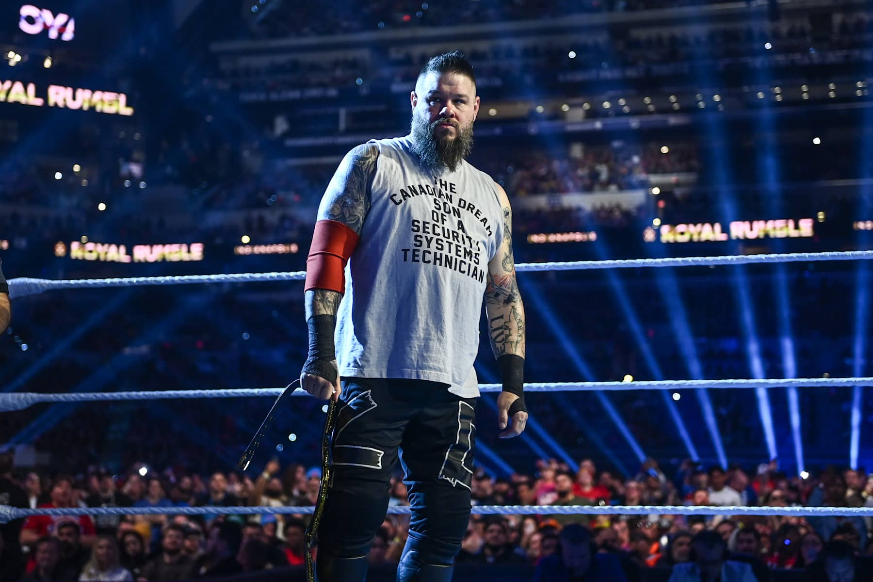 INDIANAPOLIS, INDIANA - FEBRUARY 01: Kevin Owens makes his entrance during Royal Rumble at Lucas Oil Stadium on February 1, 2025 in Indianapolis, Indiana. (Photo by Andrew Timms/WWE via Getty Images)