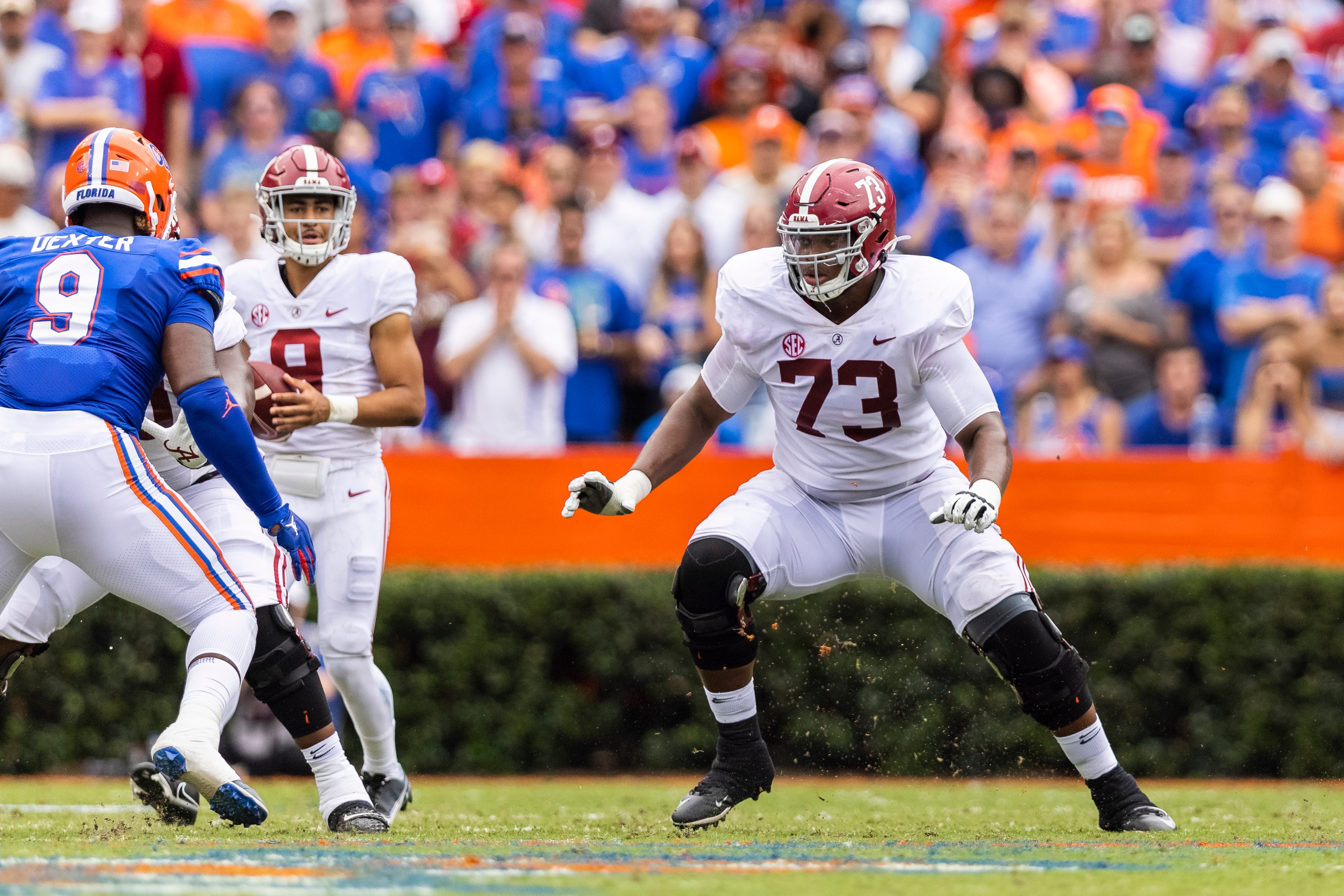 GAINESVILLE, FLORIDA - SEPTEMBER 18: Evan Neal #73 of the Alabama Crimson Tide looks on during the first quarter of a game against the Florida Gators at Ben Hill Griffin Stadium on September 18, 2021 in Gainesville, Florida. (Photo by James Gilbert/Getty Images)