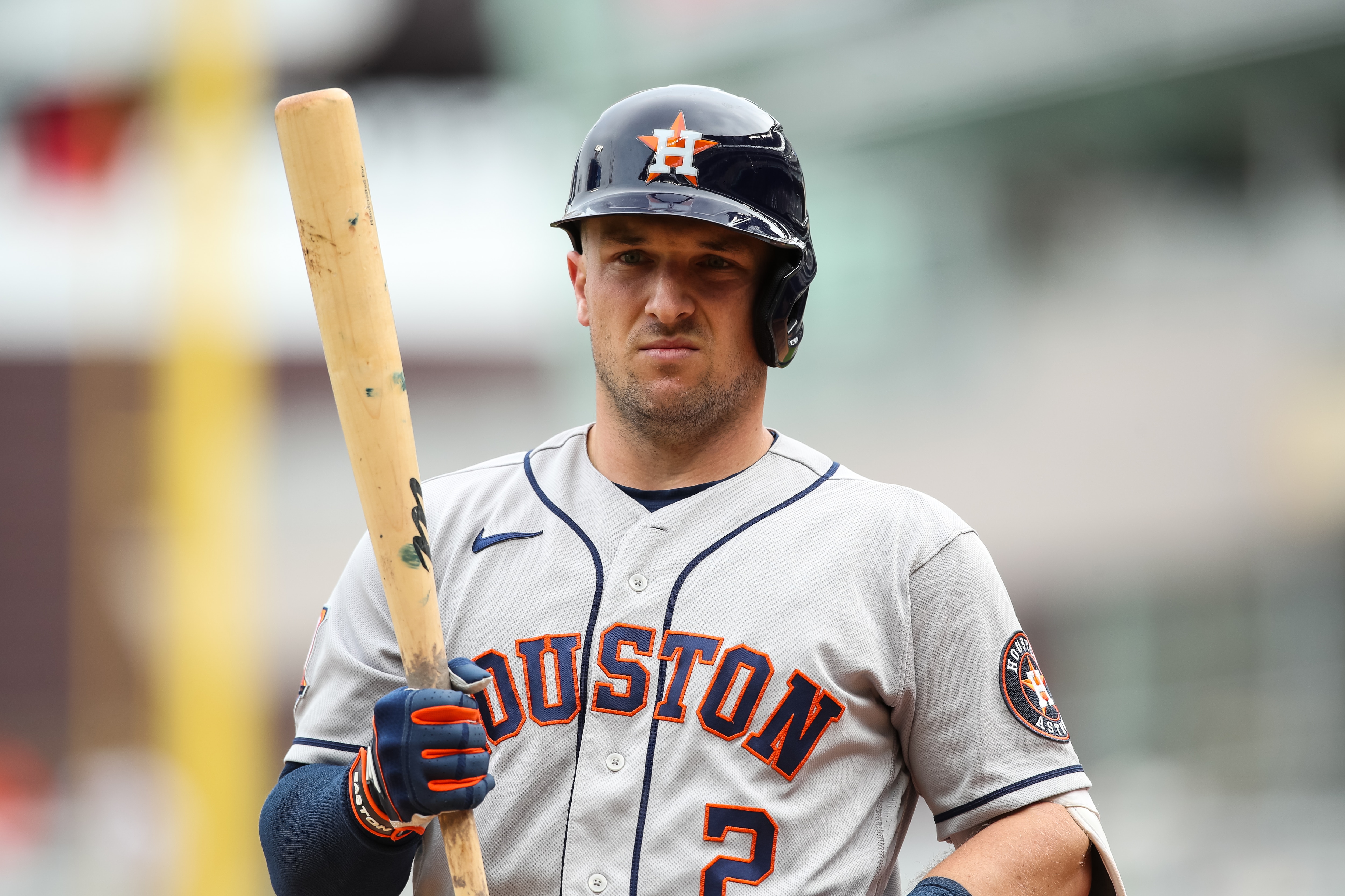 MINNEAPOLIS, MN - MAY 12: Alex Bregman #2 of the Houston Astros looks on during an at-bat against the Minnesota Twins in the sixth inning of game one of a doubleheader at Target Field on May 12, 2022 in Minneapolis, Minnesota. The Astros defeated the Twins 11-3. (Photo by David Berding/Getty Images)