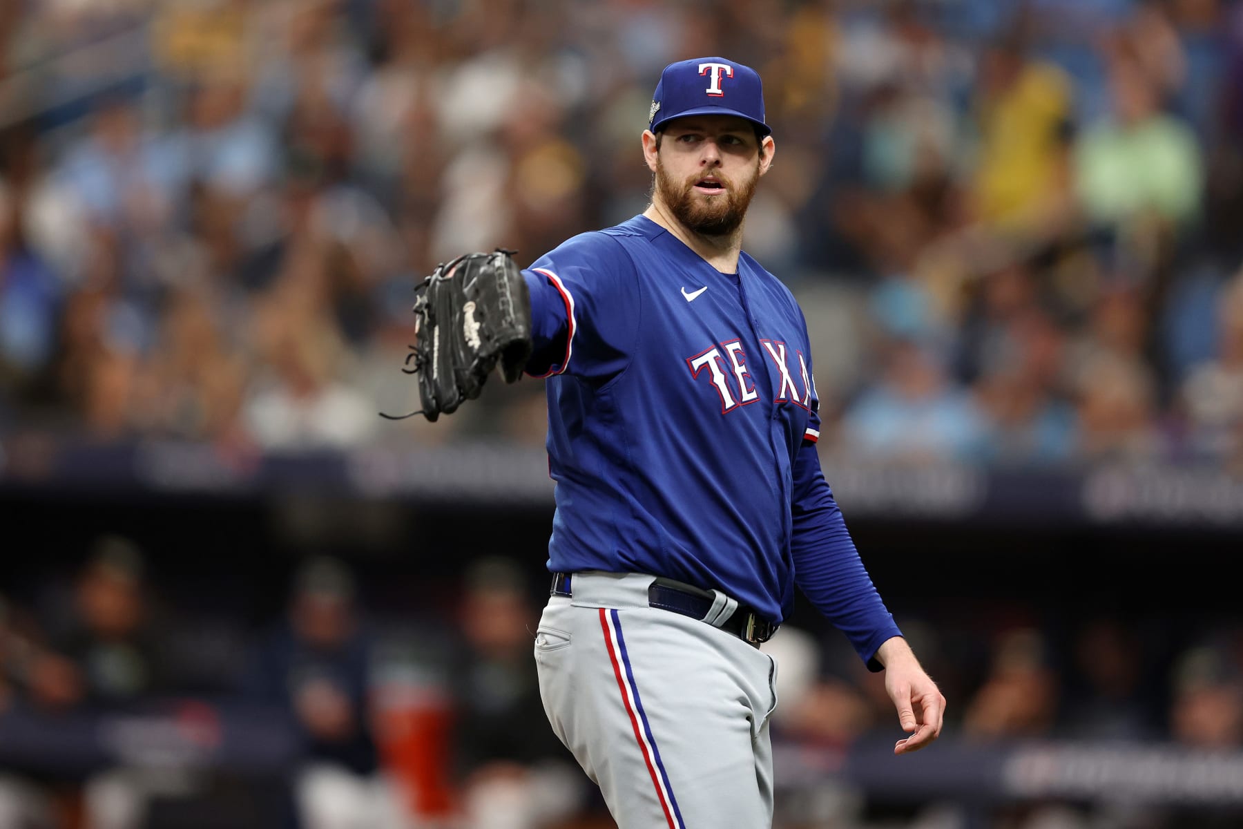 ST PETERSBURG, FLORIDA - OCTOBER 03: Jordan Montgomery #52 of the Texas Rangers reacts in the first inning against the Tampa Bay Rays during Game One of the Wild Card Series at Tropicana Field on October 03, 2023 in St Petersburg, Florida. (Photo by Megan Briggs/Getty Images)