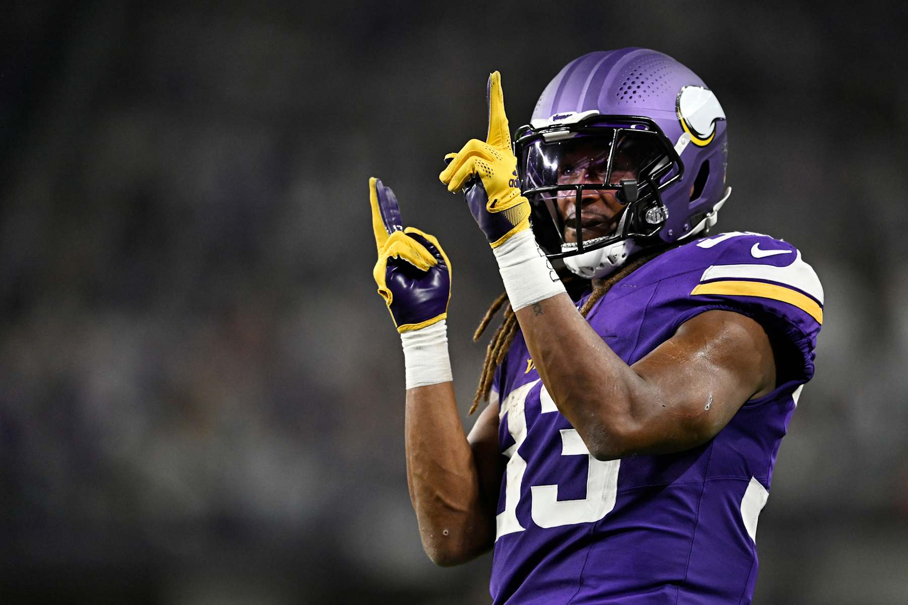 MINNEAPOLIS, MINNESOTA - DECEMBER 29: Aaron Jones #33 of the Minnesota Vikings reacts during the third quarter of a game against the Green Bay Packers at U.S. Bank Stadium on December 29, 2024 in Minneapolis, Minnesota. (Photo by Stephen Maturen/Getty Images)