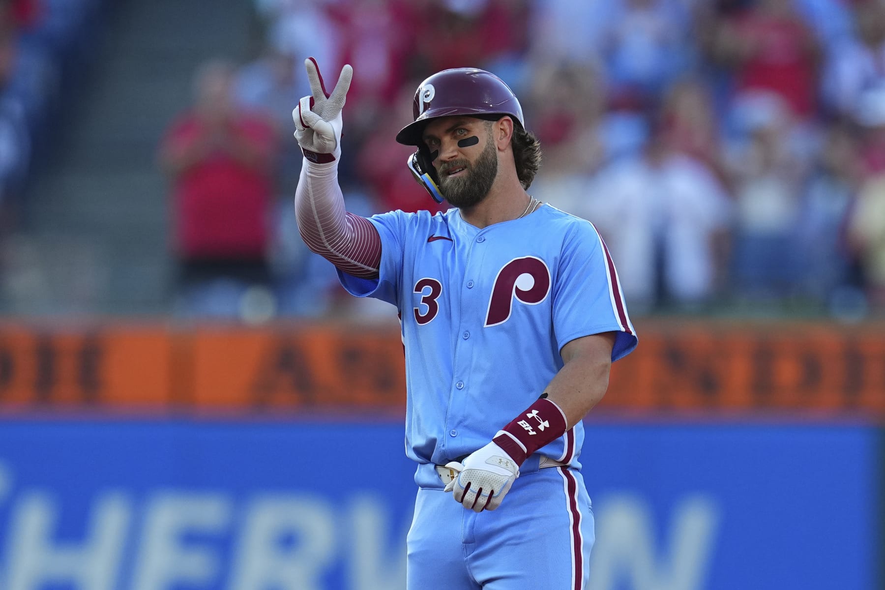 PHILADELPHIA, PENNSYLVANIA - JUNE 27: Bryce Harper #3 of the Philadelphia Phillies reacts against the Miami Marlins at Citizens Bank Park on June 27, 2024 in Philadelphia, Pennsylvania. The Marlins defeated the Phillies 7-4. (Photo by Mitchell Leff/Getty Images)