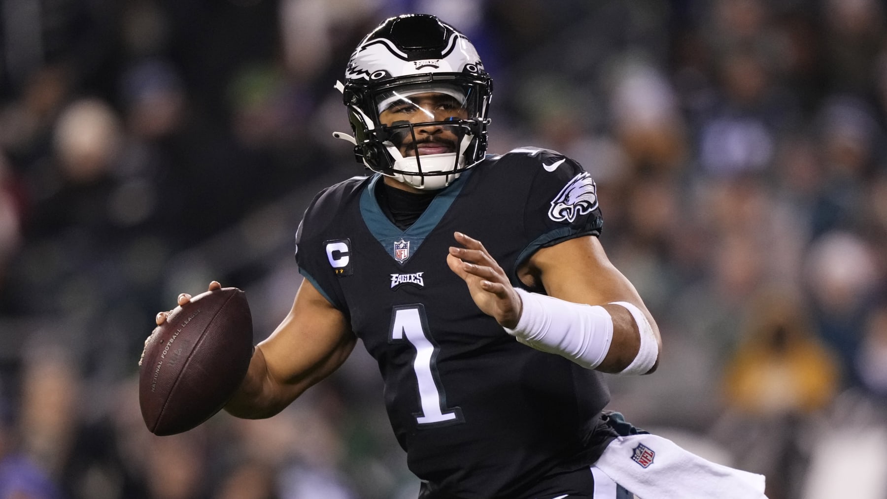 Philadelphia Eagles' Jalen Hurts plays during an NFL football game, Sunday, Jan. 8, 2023, in Philadelphia. (AP Photo/Matt Slocum)