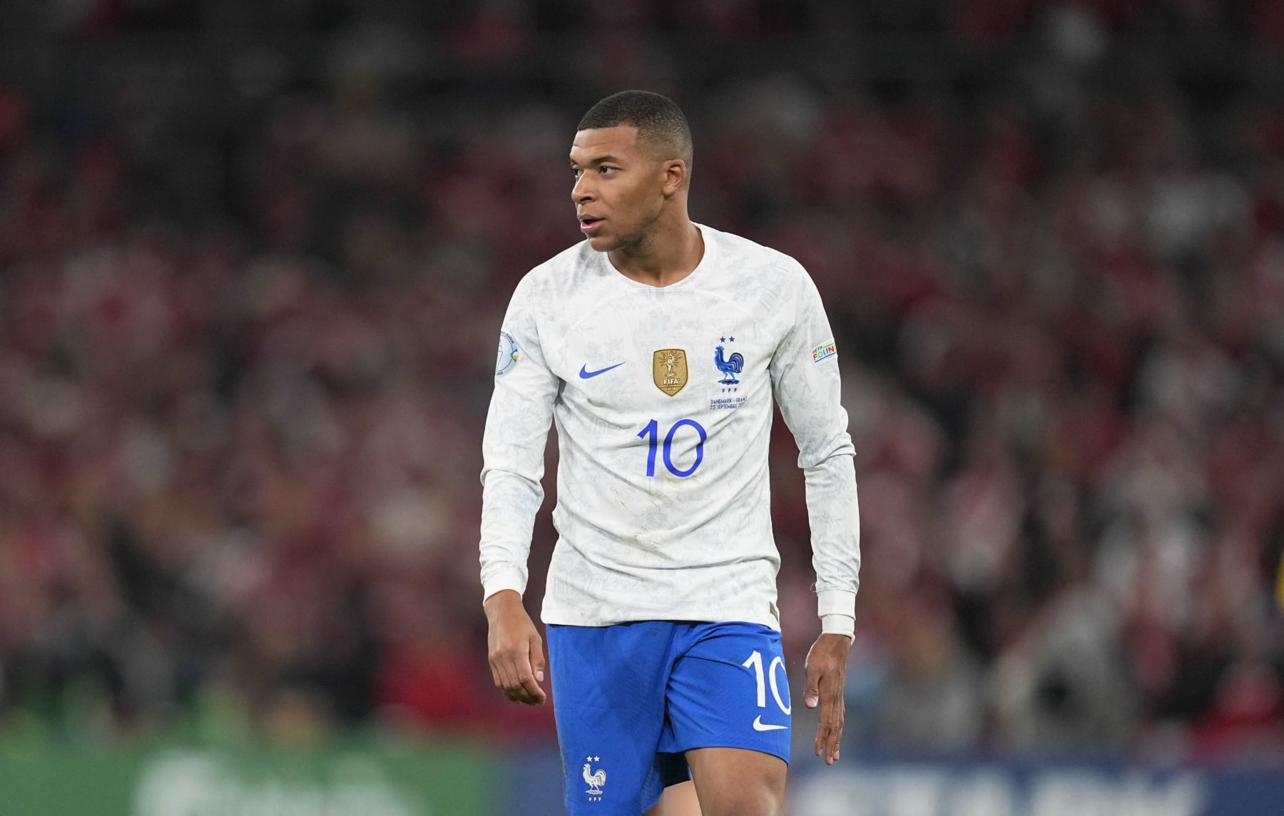 COPENHAGEN, DENMARK - SEPTEMBER 25: Kylian Mbappe of France looks on during the UEFA Nations League League A Group 1 match between Denmark and France at Parken Stadium on September 25, 2022 in Copenhagen, Denmark. (Photo by Ulrik Pedersen/DeFodi Images via Getty Images)