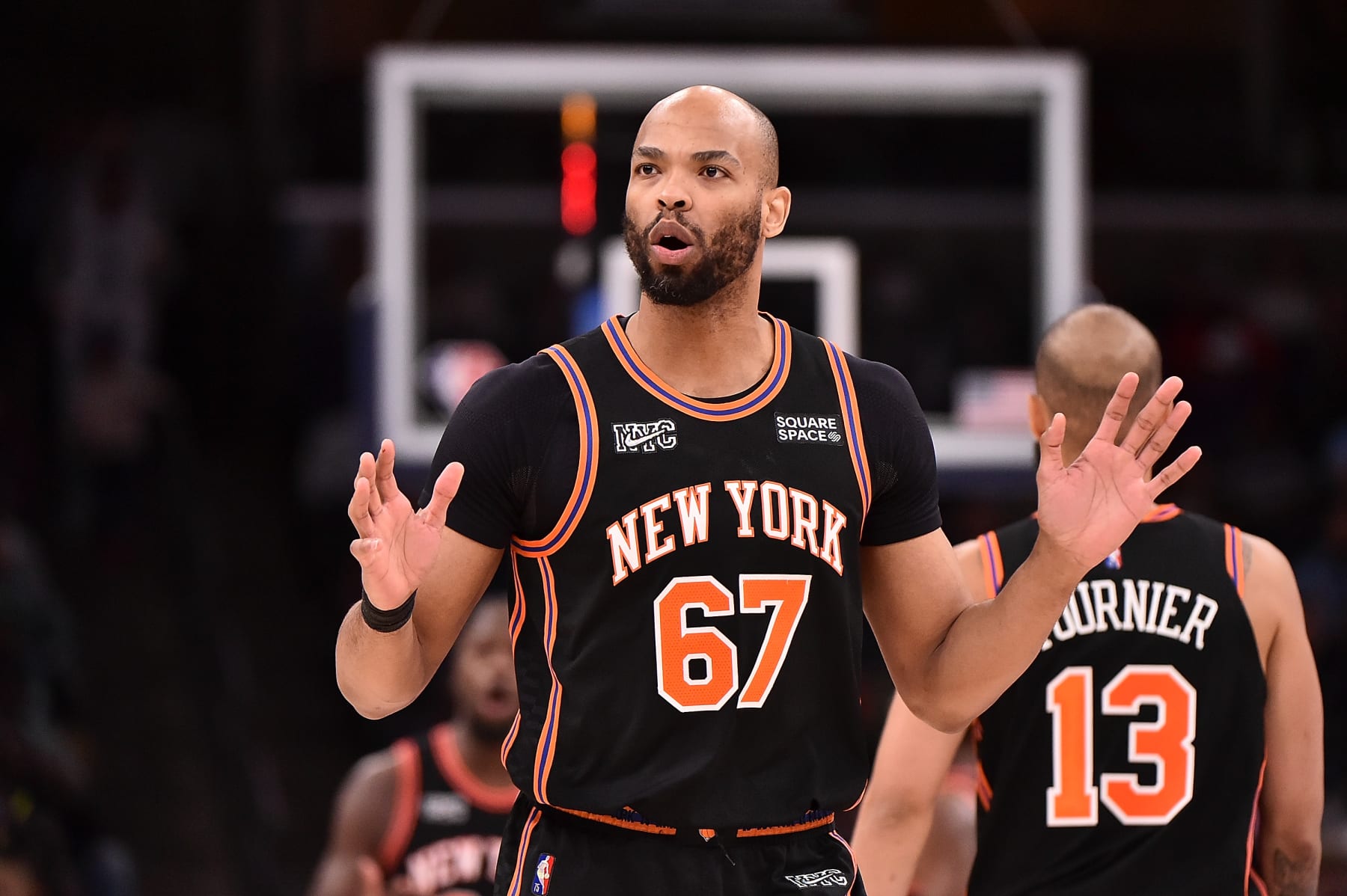MEMPHIS, TENNESSEE - MARCH 11: Taj Gibson #67 of the New York Knicks reacts during the game against the Memphis Grizzlies at FedExForum on March 11, 2022 in Memphis, Tennessee. NOTE TO USER: User expressly acknowledges and agrees that , by downloading and or using this photograph, User is consenting to the terms and conditions of the Getty Images License Agreement.  (Photo by Justin Ford/Getty Images)