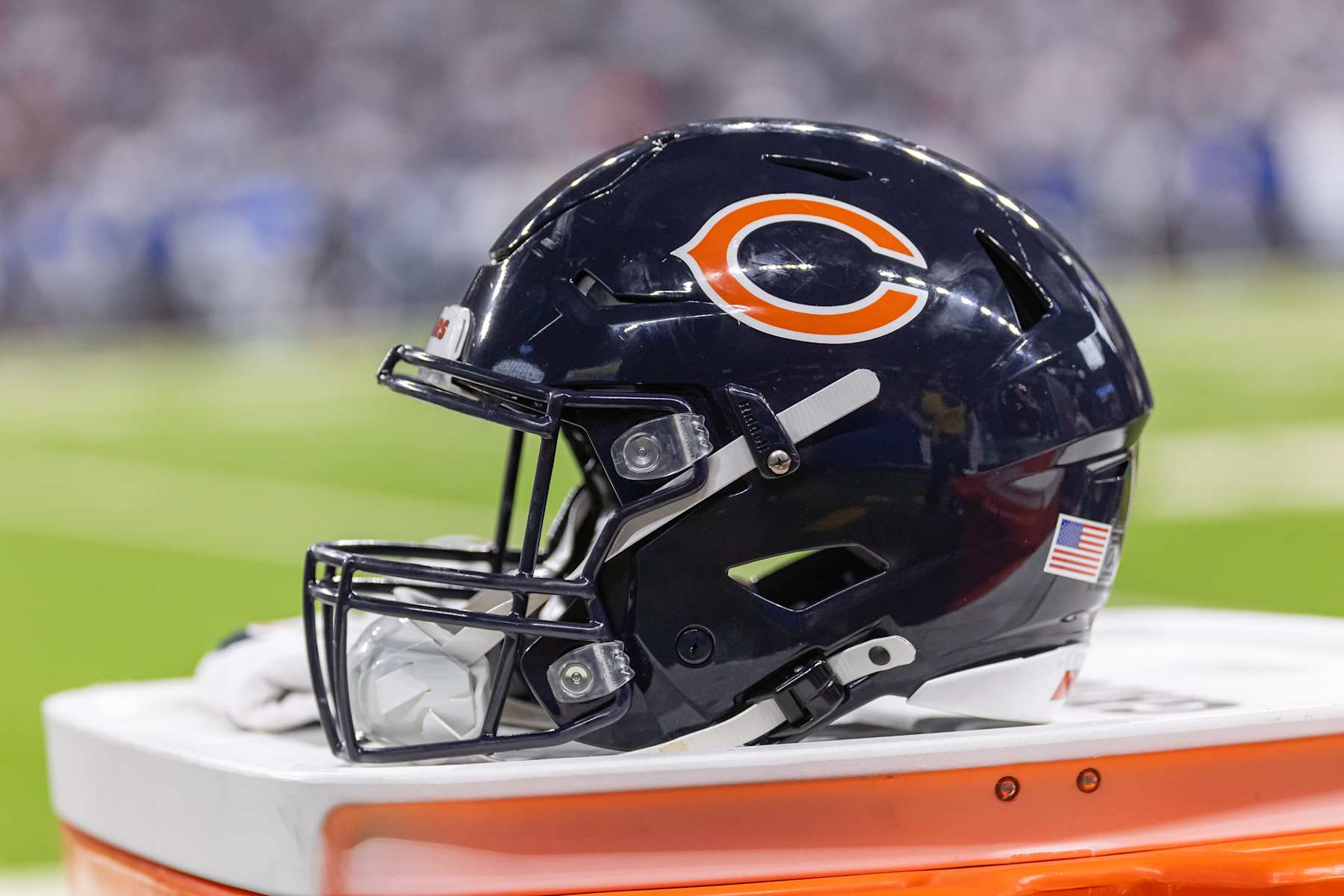 INDIANAPOLIS, INDIANA - SEPTEMBER 22: A Chicago Bears helmet is seen during the game against the Indianapolis Colts at Lucas Oil Stadium on September 22, 2024 in Indianapolis, Indiana. (Photo by Michael Hickey/Getty Images)