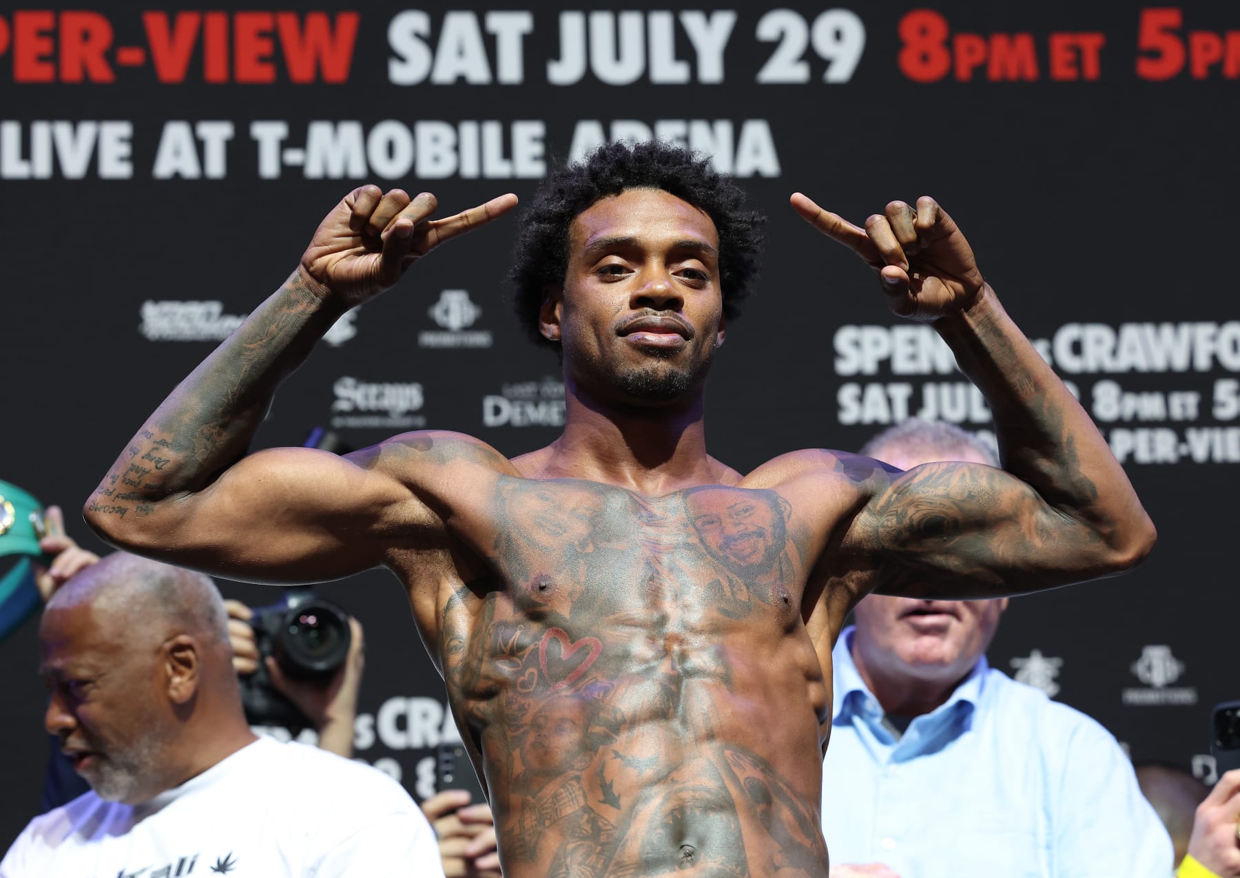 LAS VEGAS, NEVADA - JULY 28: Errol Spence Jr. poses on the scale during the weigh-in for his title fight against Terence Crawford at T-Mobile Arena on July 28, 2023. Spence Jr. and Crawford will fight for the undisputed world welterweight championship at T-Mobile Arena in Las Vegas on July 29. (Photo by Al Bello/Getty Images)