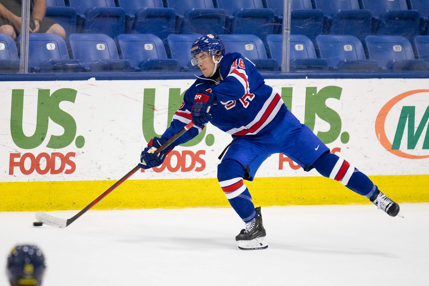 PLYMOUTH, MI - AUGUST 2: Logan Hensler #18 of Team USA makes a pass during the 2024 World Junior Summer Showcase between Sweden and USA at USA Hockey Arena on August 2, 2024 in Plymouth, Michigan. (Photo by Michael Miller/ISI Photos/Getty Images)