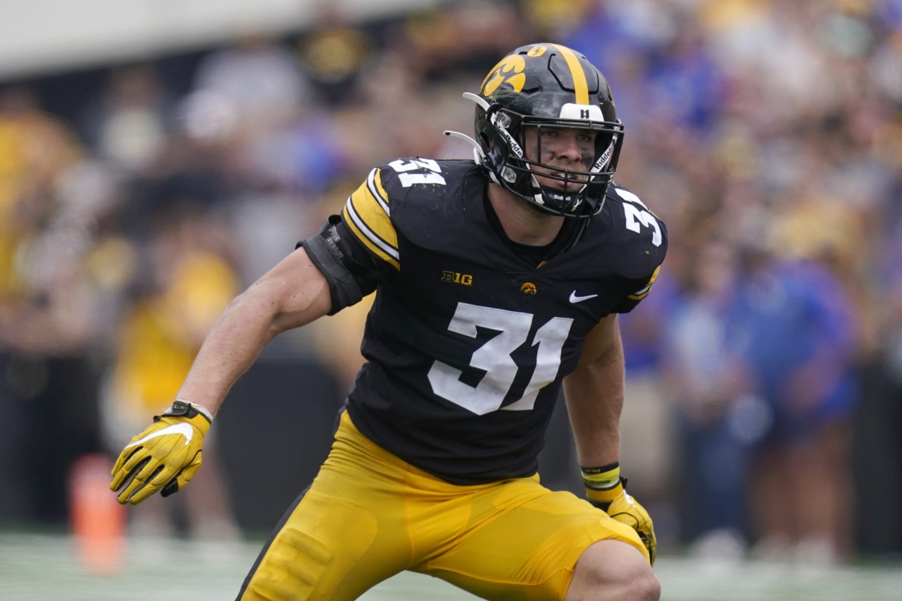 Iowa linebacker Jack Campbell (31) looks to make a tackle during the second half of an NCAA college football game against South Dakota State, Saturday, Sept. 3, 2022, in Iowa City, Iowa. (AP Photo/Charlie Neibergall)