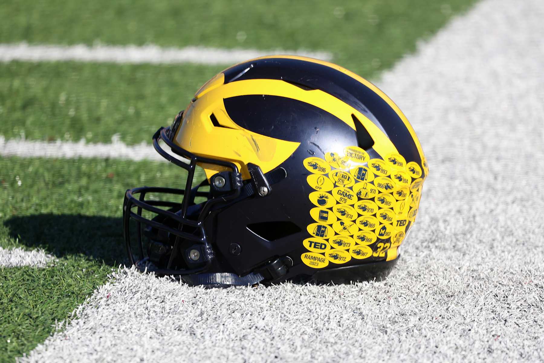 MOBILE, AL - JANUARY 31: A general view of a Michigan Wolverines helmet during the National team practice for the Reese's Senior Bowl on January 31, 2024 at Hancock Whitney Stadium in Mobile, Alabama. (Photo by Michael Wade/Icon Sportswire via Getty Images) MOBILE, AL - JANUARY 31: A general view of a Michigan Wolverines helmet during the National team practice for the Reese's Senior Bowl on January 31, 2024 at Hancock Whitney Stadium in Mobile, Alabama. (Photo by Michael Wade/Icon Sportswire via Getty Images)