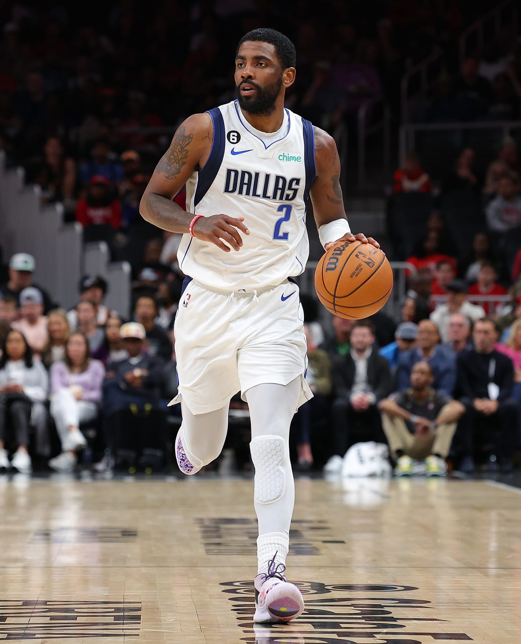 ATLANTA, GEORGIA - APRIL 02:  Kyrie Irving #2 of the Dallas Mavericks drives against the Atlanta Hawks during the second quarter at State Farm Arena on April 02, 2023 in Atlanta, Georgia.  NOTE TO USER: User expressly acknowledges and agrees that, by downloading and or using this photograph, User is consenting to the terms and conditions of the Getty Images License Agreement.  (Photo by Kevin C. Cox/Getty Images)