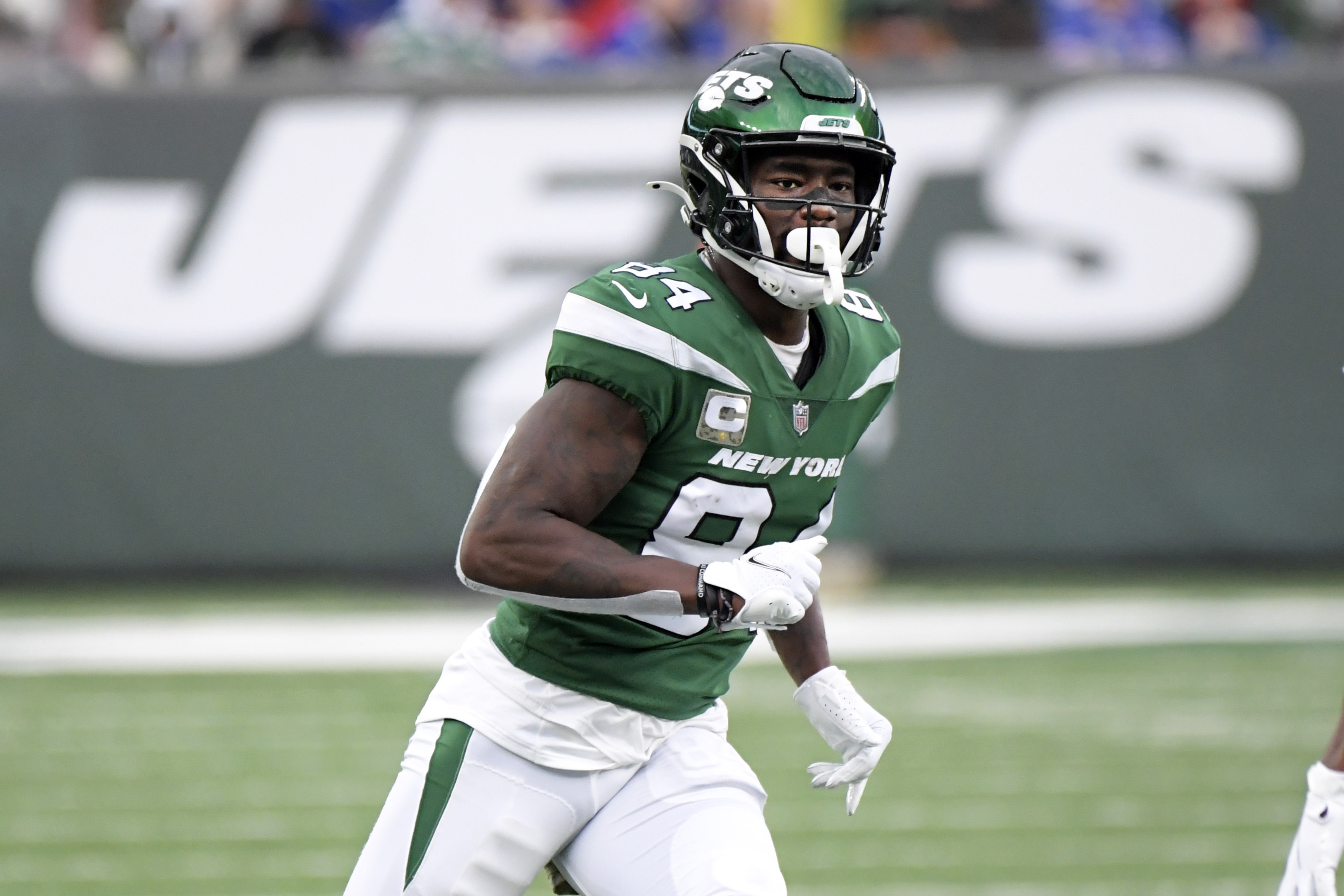 New York Jets wide receiver Corey Davis runs a pattern during the second half of an NFL football game against the Buffalo Bills, Sunday, Nov. 14, 2021, in East Rutherford, N.J. (AP Photo/Bill Kostroun)