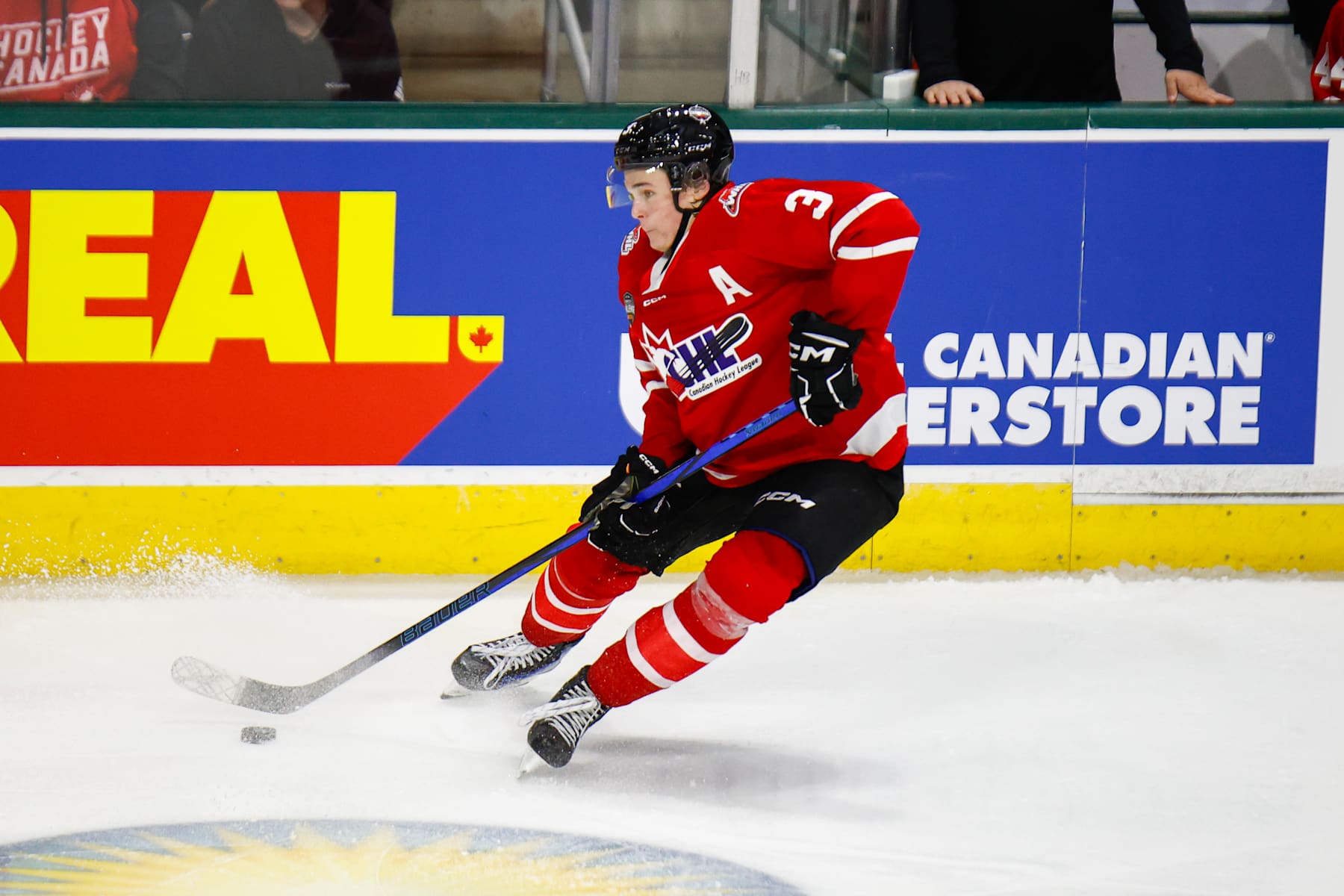 LONDON, ONTARIO, CANADA - NOVEMBER 26: Blake Fiddler #3 of CHL skates with the puck during CHL USA Prospects game between USA and CHL at Canada Life Place on November 26, 2024 in London, Ontario, Canada. (Photo by Michael Miller/ISI Photos/Getty Images)