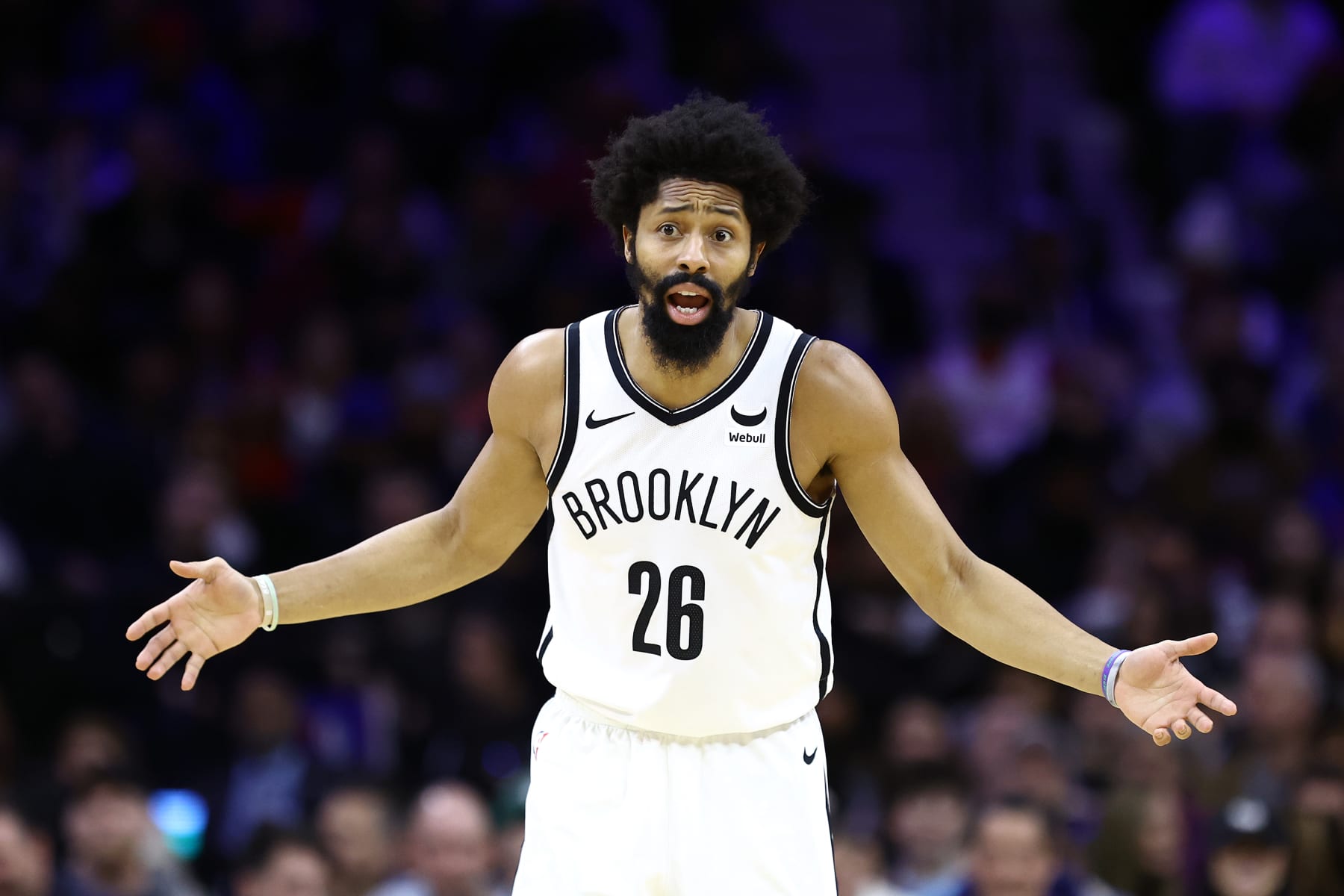 PHILADELPHIA, PENNSYLVANIA - FEBRUARY 03: Spencer Dinwiddie #26 of the Brooklyn Nets reacts during the second quarter against the Philadelphia 76ers at the Wells Fargo Center on February 03, 2024 in Philadelphia, Pennsylvania. NOTE TO USER: User expressly acknowledges and agrees that, by downloading and or using this photograph, User is consenting to the terms and conditions of the Getty Images License Agreement. (Photo by Tim Nwachukwu/Getty Images)