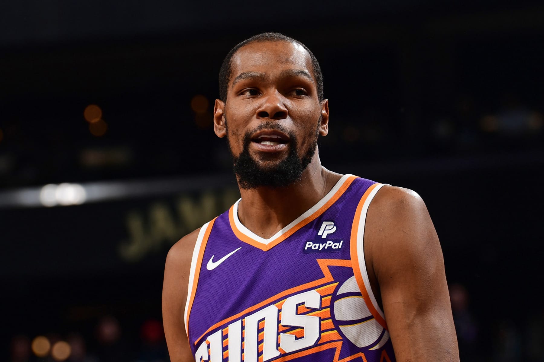 PHOENIX, AZ - FEBRUARY 14: Kevin Durant #35 of the Phoenix Suns looks on during the game against the Detroit Pistons on February 14, 2024 at Footprint Center in Phoenix, Arizona. NOTE TO USER: User expressly acknowledges and agrees that, by downloading and or using this photograph, user is consenting to the terms and conditions of the Getty Images License Agreement. Mandatory Copyright Notice: Copyright 2024 NBAE (Photo by Kate Frese/NBAE via Getty Images)
