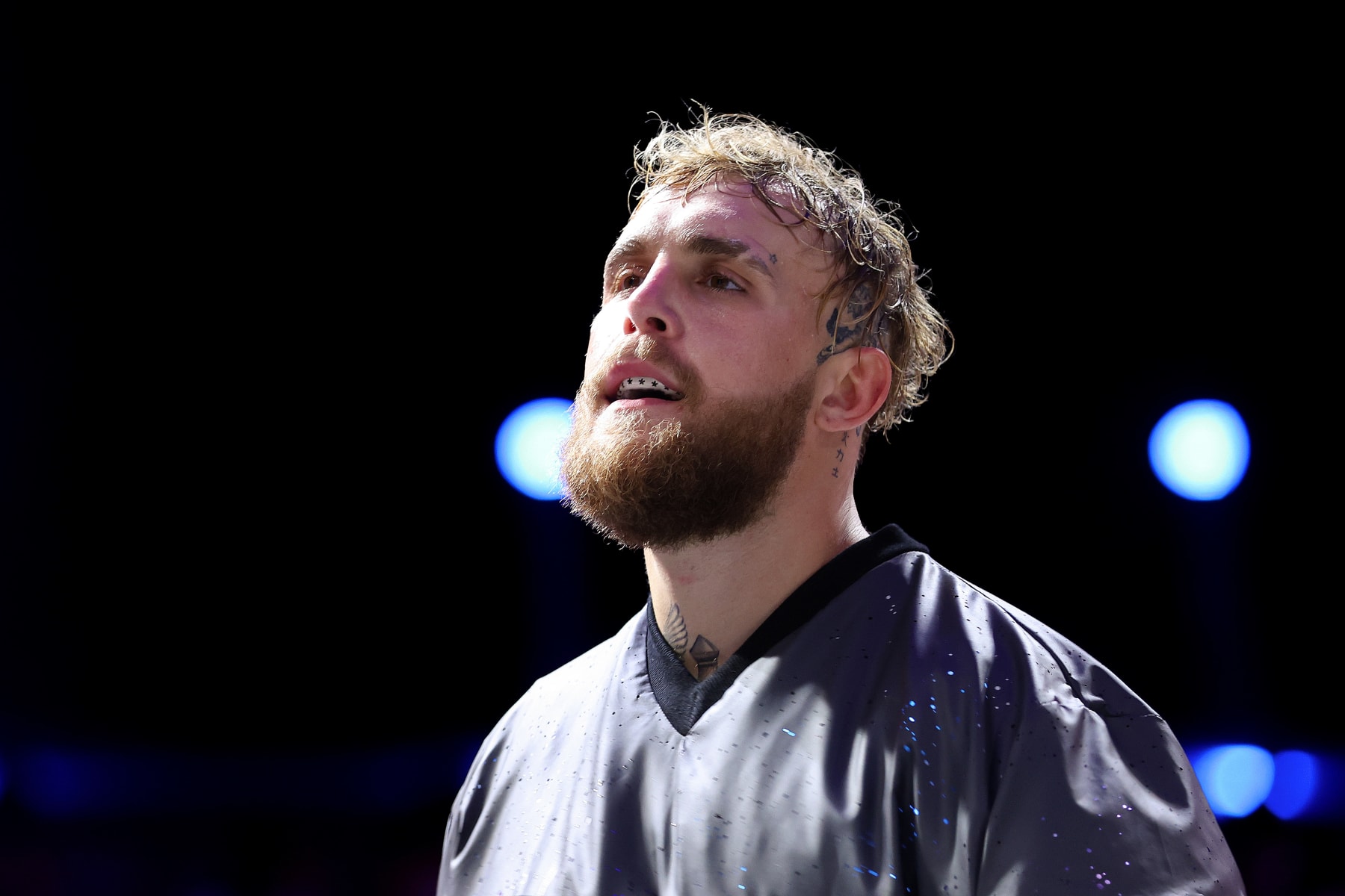 RIYADH, SAUDI ARABIA - FEBRUARY 26: Jake Paul looks on as they enter the arena during their ring walk prior to the Cruiserweight Title fight between Jake Paul and Tommy Fury at the Diriyah Arena on February 26, 2023 in Riyadh, Saudi Arabia. (Photo by Francois Nel/Getty Images)