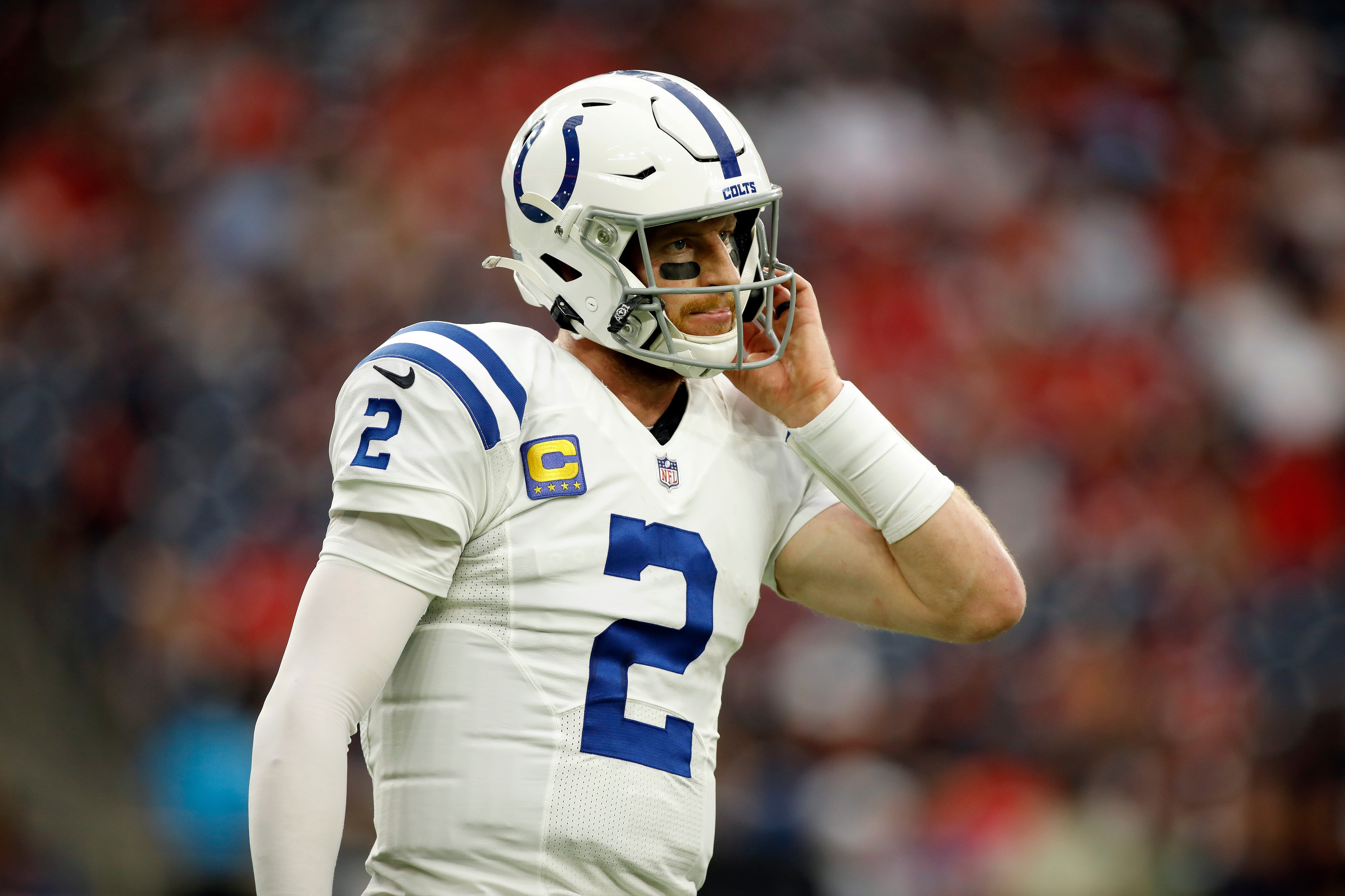 Indianapolis Colts quarterback Carson Wentz (2) reacts to a play during an NFL football game against the Houston Texans, Sunday, Dec. 5, 2021, in Houston. (AP Photo/Tyler Kaufman)