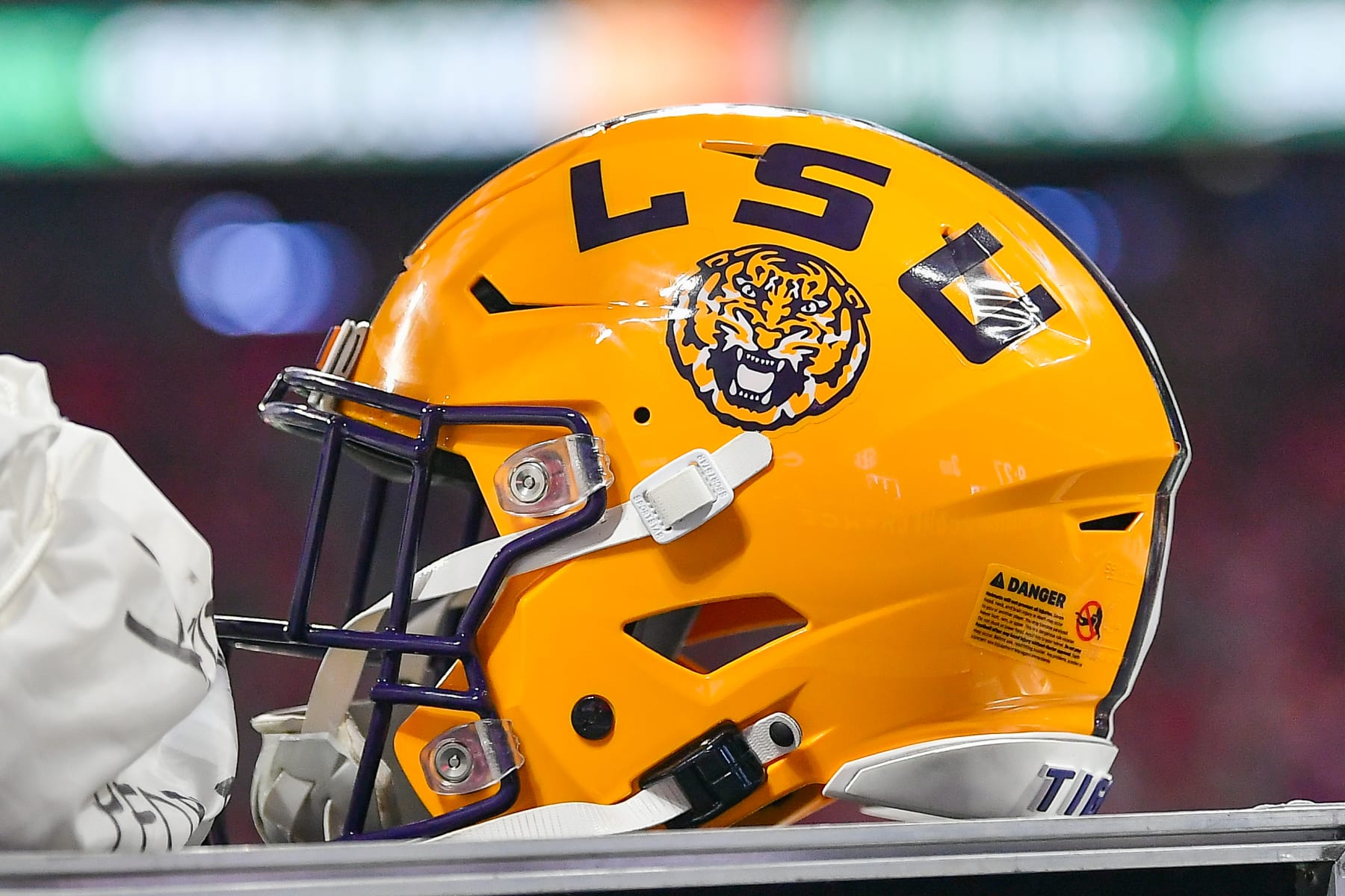 ATLANTA, GA - DECEMBER 03:  A LSU football helmet during the SEC Championship football game between the LSU Tigers and the Georgia Bulldogs on December 3rd, 2022 at Mercedes-Benz Stadium in Atlanta, GA. (Photo by Rich von Biberstein/Icon Sportswire via Getty Images)