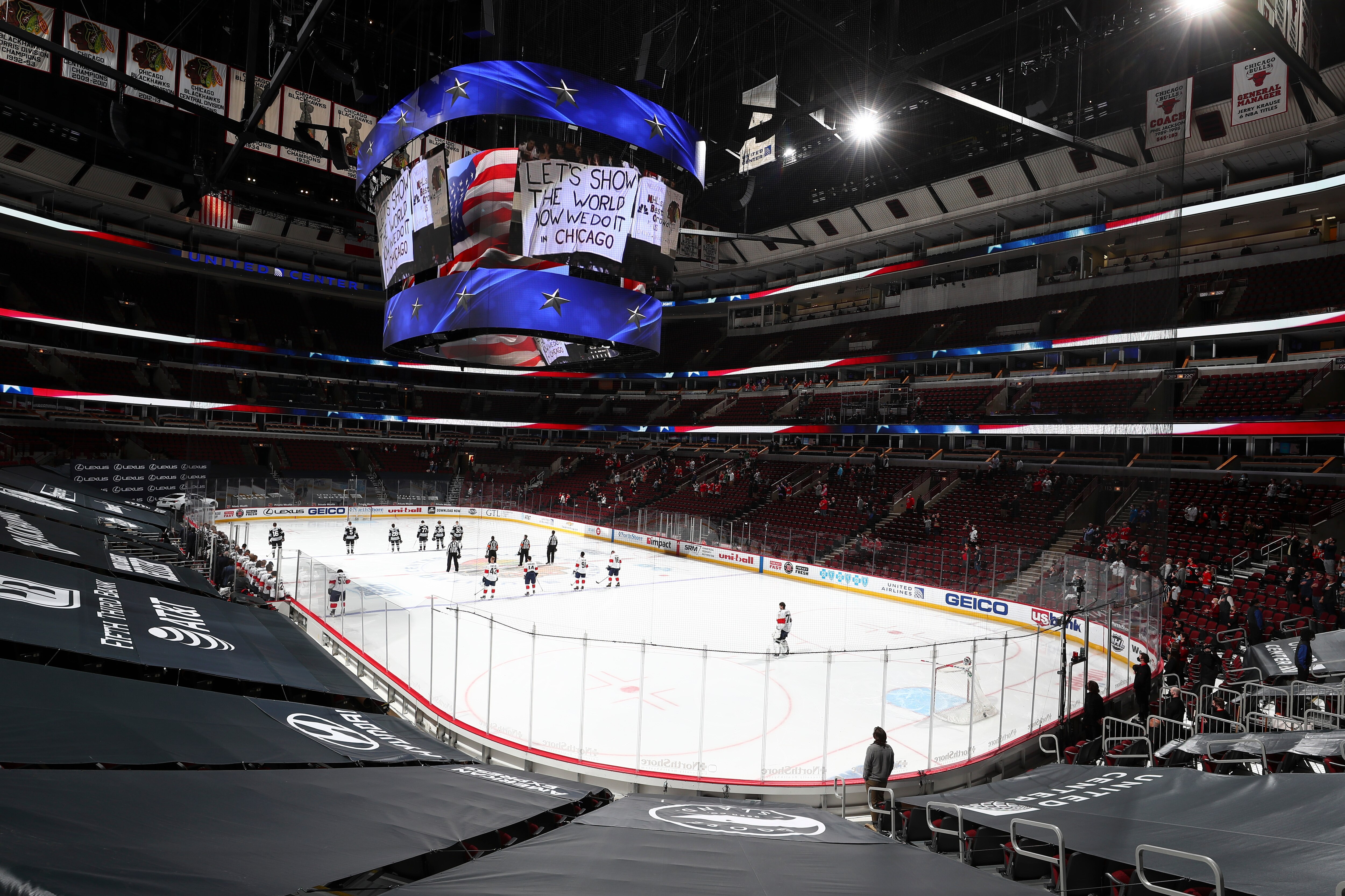 CHICAGO, ILLINOIS - MAY 01: The Chicago Blackhawks welcomed a few fans back at United Center for the game against the Florida Panthers on May 01, 2021 in Chicago, Illinois. (Photo by Chase Agnello-Dean/NHLI via Getty Images)
