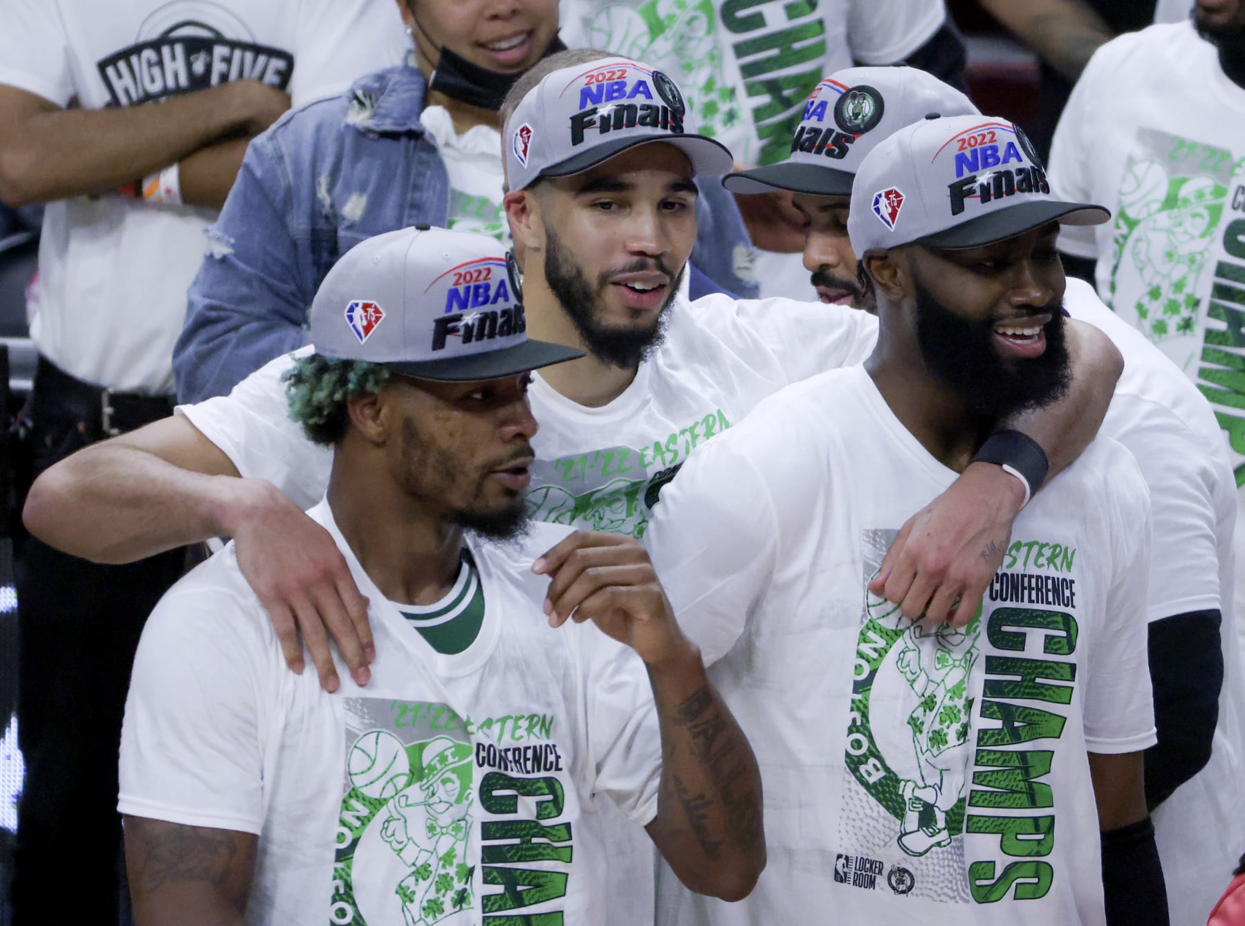 Miami - May 29: Boston Celtics Marcus Smart, Jayson Tatum, and  Jaylen Brown (7) after they defeated the Miami Heat 100-96. The Boston Celtics visit the Miami Heat for game 7 of the NBA Eastern Conference Finals at FTX Arena in Miami, FL on May 29, 2022. (Photo by Matthew J. Lee/The Boston Globe via Getty Images)