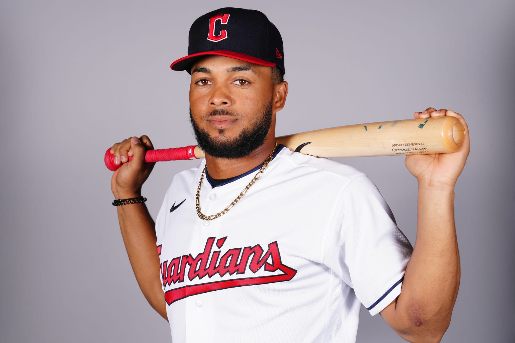 GOODYEAR, AZ - MARCH 22: George Valera #76 of the Cleveland Guardians poses for a photo during the Cleveland Guardians Photo Day at Goodyear Ballpark on Tuesday, March 22, 2022 in Goodyear, Arizona. (Photo by Daniel Shirey/MLB Photos via Getty Images)