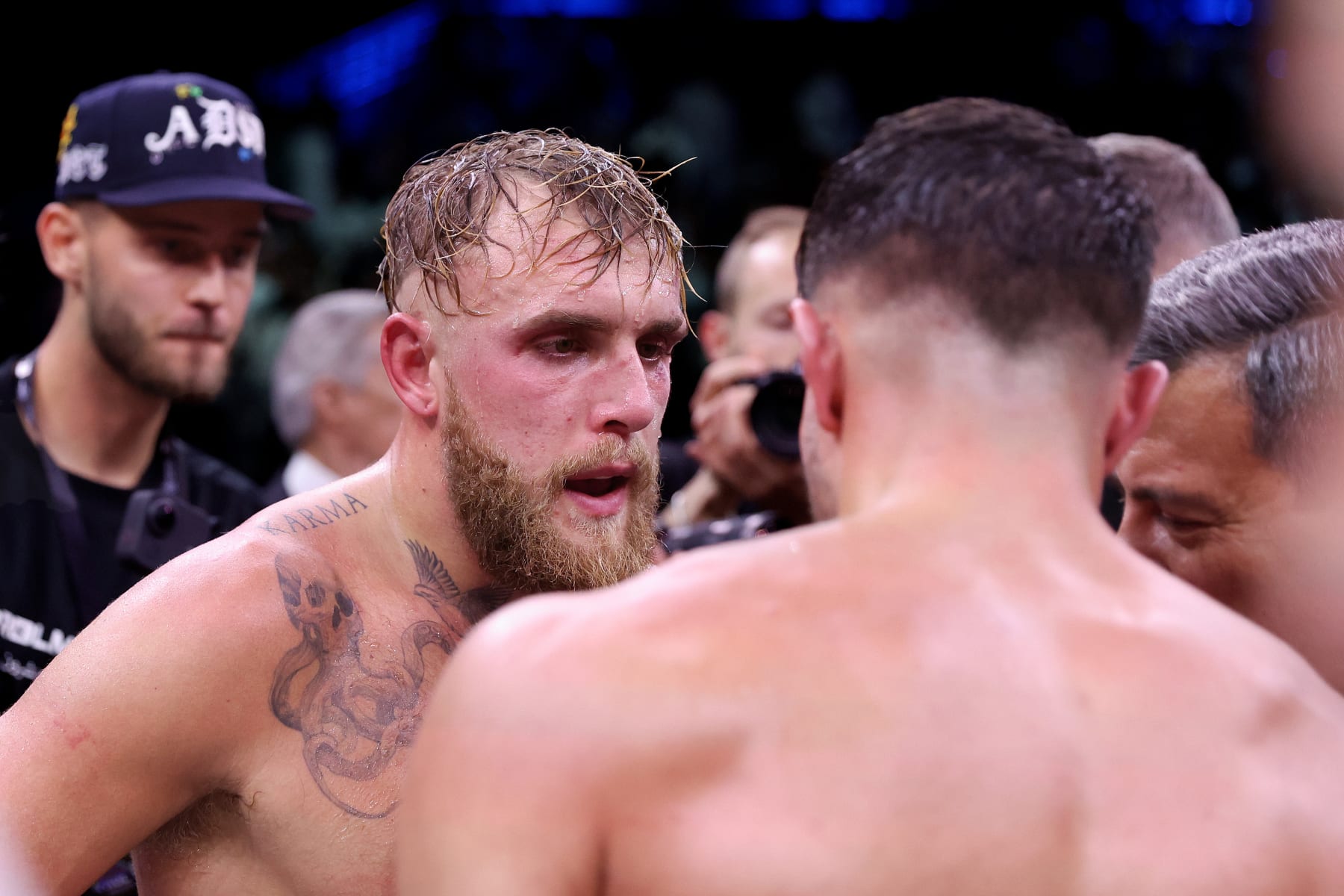 RIYADH, SAUDI ARABIA - FEBRUARY 26: Tommy Fury speaks with Jake Paul, after Tommy Fury defeats Jake Paul during the Cruiserweight Title fight between Jake Paul and Tommy Fury at the Diriyah Arena on February 26, 2023 in Riyadh, Saudi Arabia. (Photo by Francois Nel/Getty Images)