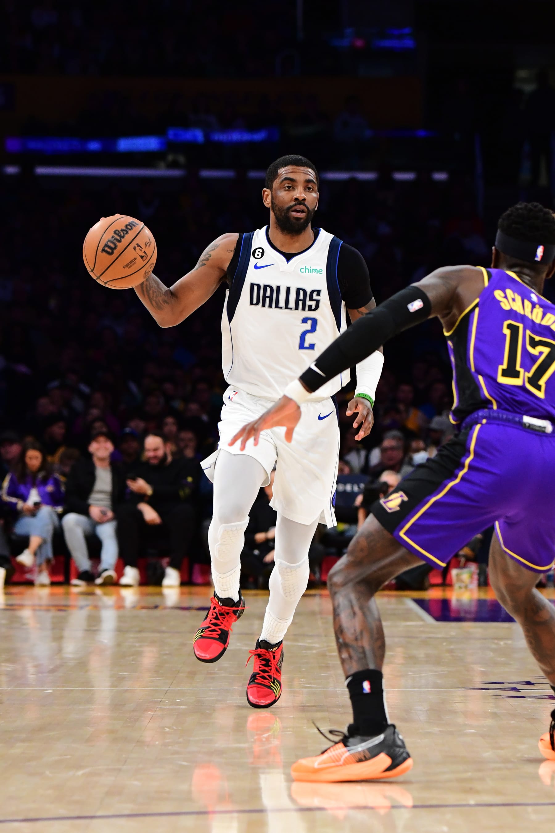 LOS ANGELES, CA -MARCH 17: Kyrie Irving #2 of the Dallas Mavericks dribbles the ball during the game against the Los Angeles Lakers on March 17, 2023 at Crypto.Com Arena in Los Angeles, California. NOTE TO USER: User expressly acknowledges and agrees that, by downloading and/or using this Photograph, user is consenting to the terms and conditions of the Getty Images License Agreement. Mandatory Copyright Notice: Copyright 2023 NBAE (Photo by Adam Pantozzi/NBAE via Getty Images)