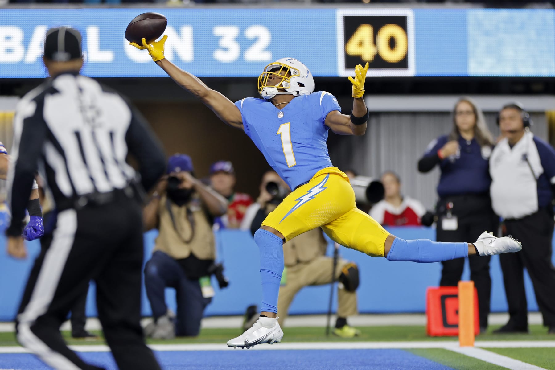 INGLEWOOD, CALIFORNIA - DECEMBER 23: Quentin Johnston #1 of the Los Angeles Chargers fails to make a catch in the first quarter against the Buffalo Bills at SoFi Stadium on December 23, 2023 in Inglewood, California. (Photo by Kevork Djansezian/Getty Images)
