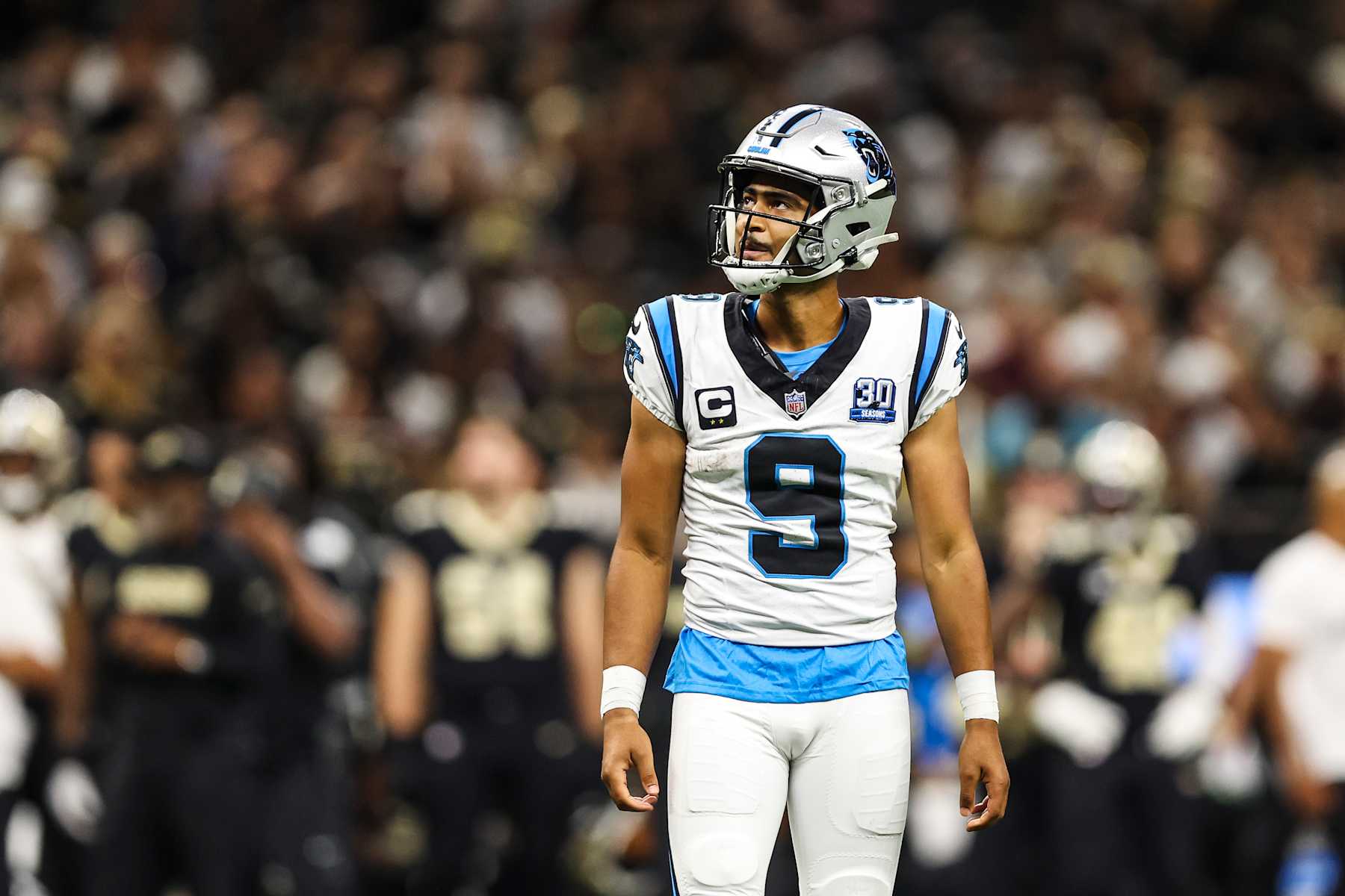 NEW ORLEANS, LA - SEPTEMBER 08: Bryce Young #9 of the Carolina Panthers looks on from the field during an NFL football game against the New Orleans Saints at Caesars Superdome on September 8, 2024 in New Orleans, Louisiana. (Photo by Perry Knotts/Getty Images)
