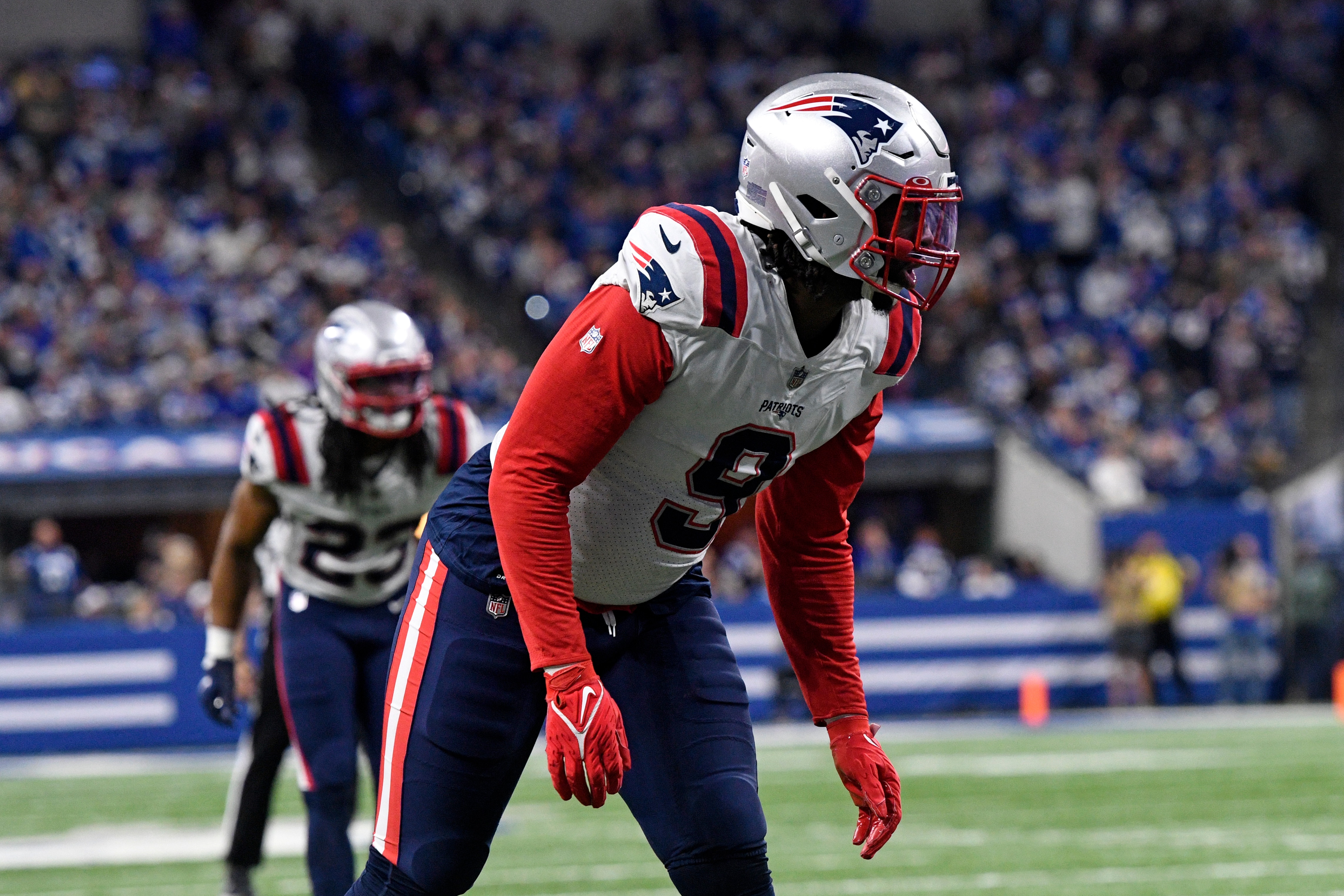 INDIANAPOLIS, IN - DECEMBER 18: New England Patriots Linebacker Matt Judon (9) lines up for a play during the NFL football game between the New England Patriots and the Indianapolis Colts on December 18, 2021, at Lucas Oil Stadium in Indianapolis, Indiana. (Photo by Michael Allio/Icon Sportswire via Getty Images)
