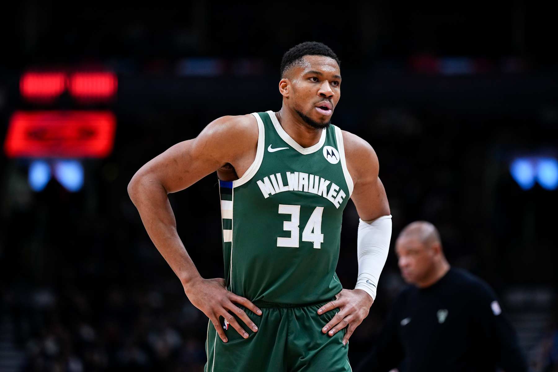 TORONTO, ON - JANUARY 6: Giannis Antetokounmpo #34 of the Milwaukee Bucks looks on against the Toronto Raptors at the Scotiabank Arena on January 6, 2025 in Toronto, Ontario, Canada. NOTE TO USER: User expressly acknowledges and agrees that, by downloading and/or using this Photograph, user is consenting to the terms and conditions of the Getty Images License Agreement. (Photo by Kevin Sousa/Getty Images)