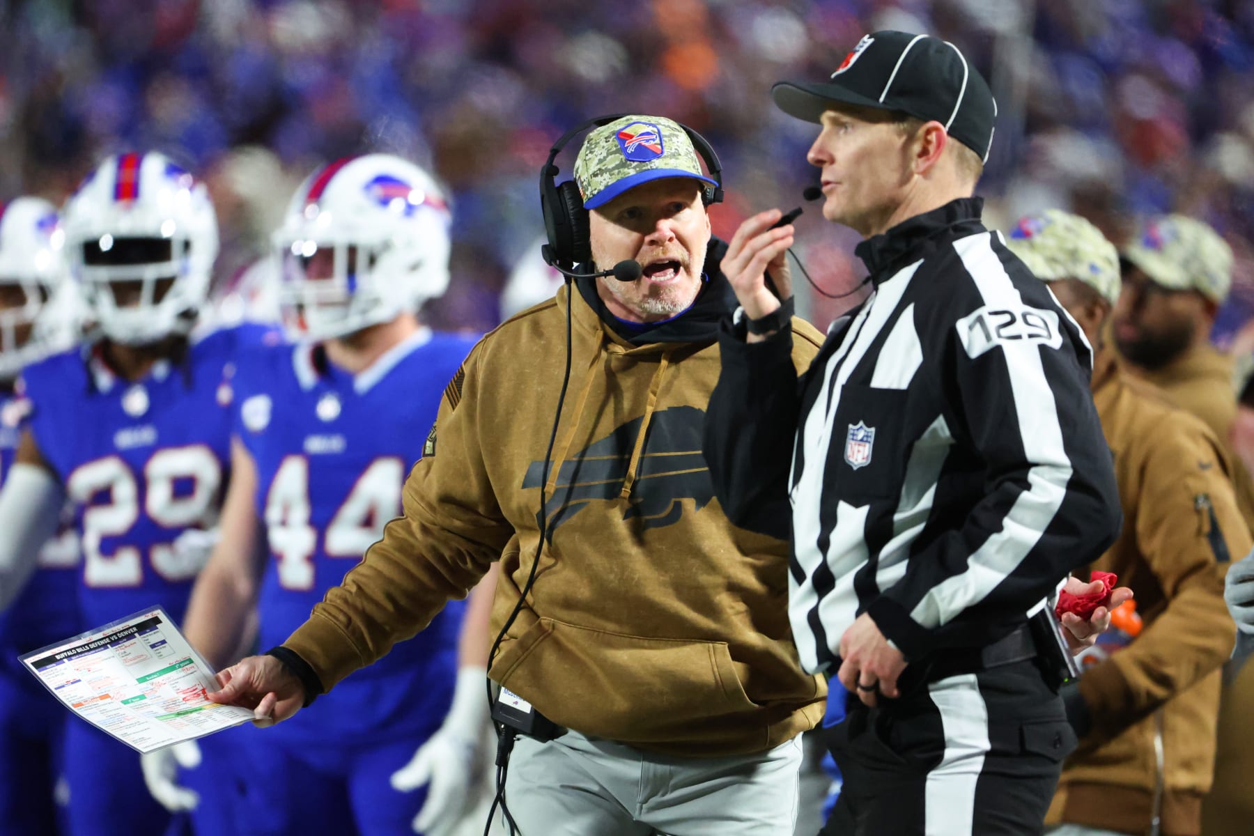 ORCHARD PARK, NEW YORK - NOVEMBER 13: Head coach Sean McDermott of the Buffalo Bills reacts during the fourth quarter of the game against the Denver Broncos at Highmark Stadium on November 13, 2023 in Orchard Park, New York. (Photo by Timothy T Ludwig/Getty Images)