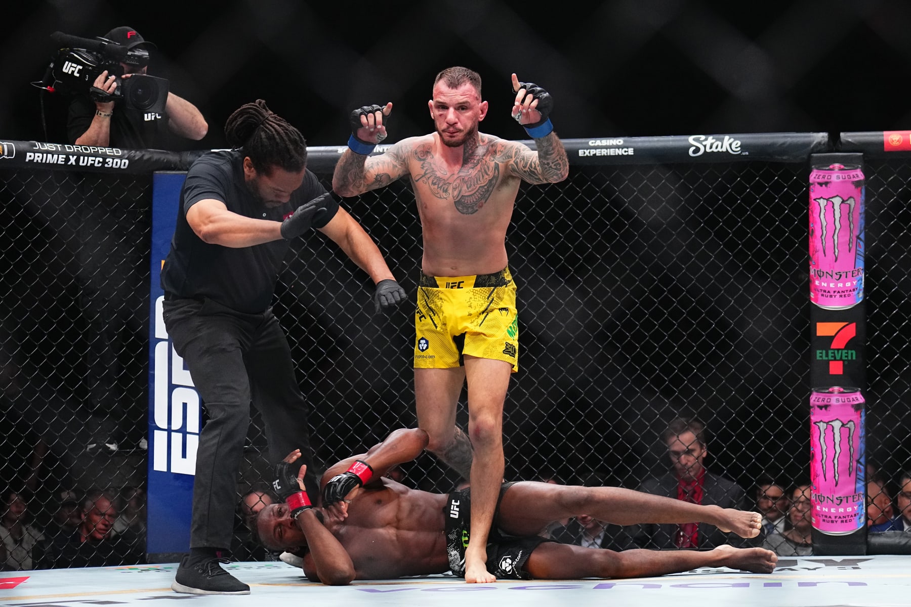 LAS VEGAS, NEVADA - APRIL 13: Renato Moicano of Brazil reacts to his knockout of Jalin Turner in a lightweight fight during the UFC 300 event at T-Mobile Arena on April 13, 2024 in Las Vegas, Nevada.  (Photo by Chris Unger/Zuffa LLC via Getty Images)
