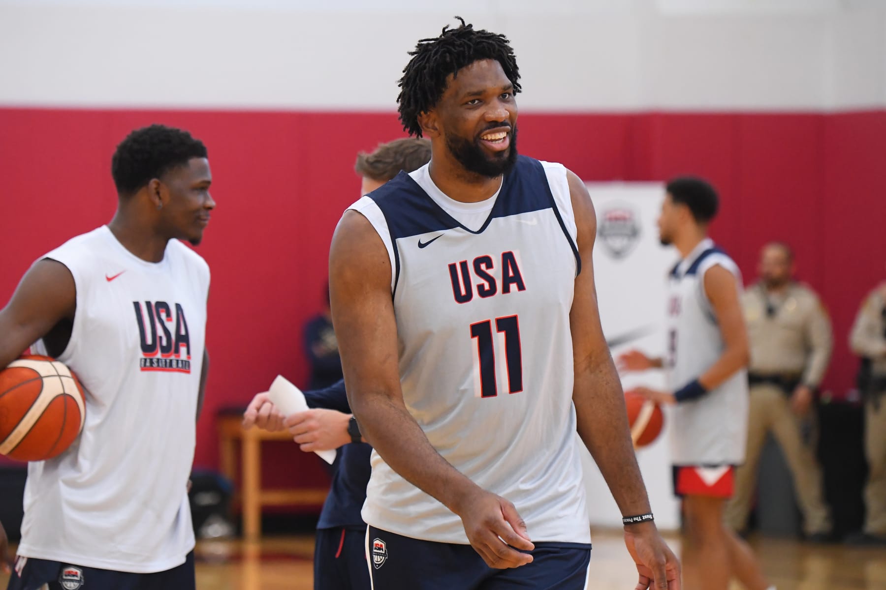 LAS VEGAS, NV - JULY 6: Joel Embiid #11 of the USA Basketball Men's Team smiles during USAB Men's Training Camp in Las Vegas on July 06, 2024 in Las Vegas Nevada. NOTE TO USER: User expressly acknowledges and agrees that, by downloading and/or using this Photograph, user is consenting to the terms and conditions of the Getty Images License Agreement. Mandatory Copyright Notice: Copyright 2024 NBAE (Photo by Brian Babineau/NBAE via Getty Images)