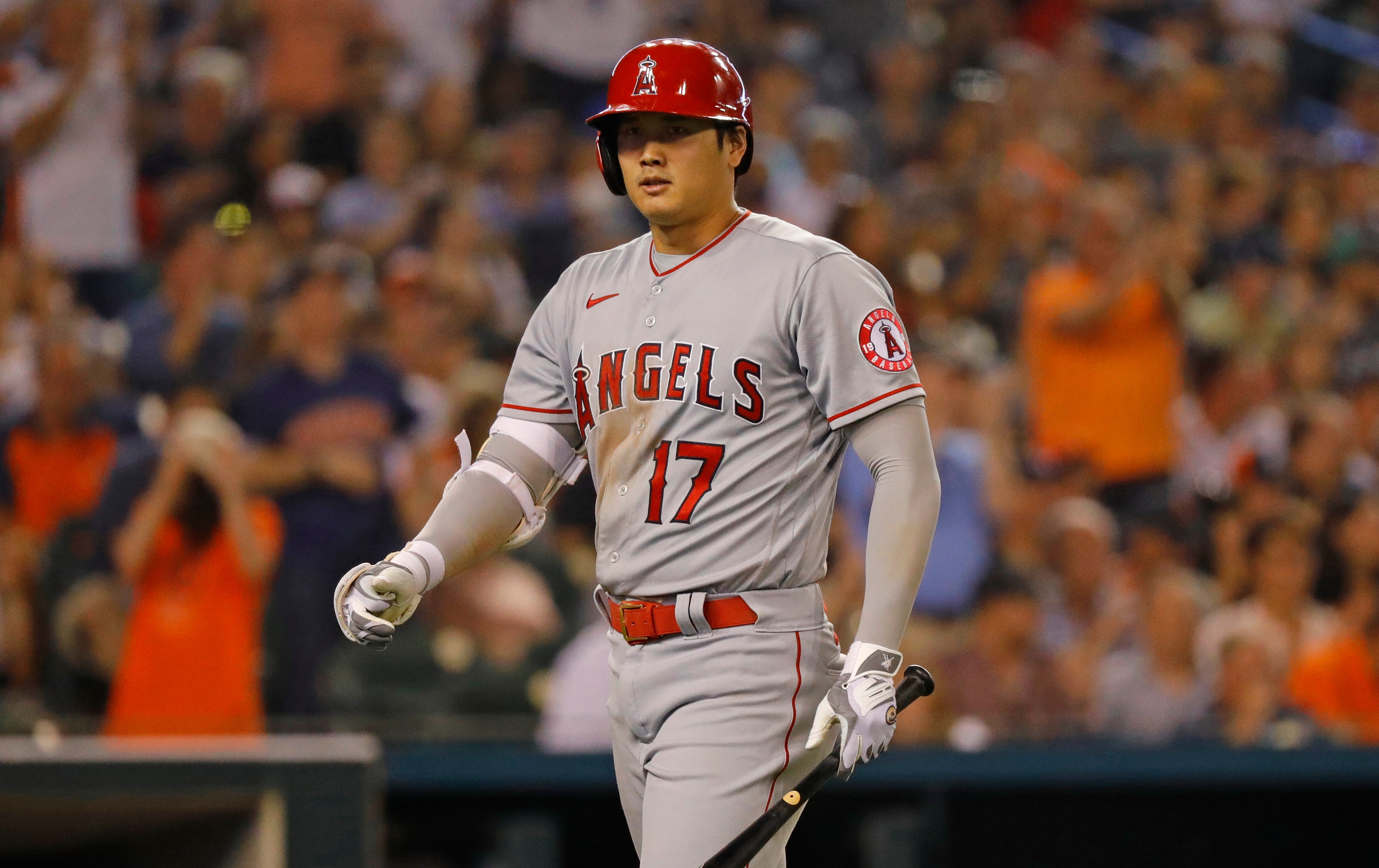 DETROIT, MICHIGAN - AUGUST 17: Shohei Ohtani #17 of the Los Angeles Angels reacts after striking out in the eight inning of the game against the Detroit Tigers at Comerica Park on August 17, 2021 in Detroit, Michigan. (Photo by Leon Halip/Getty Images)