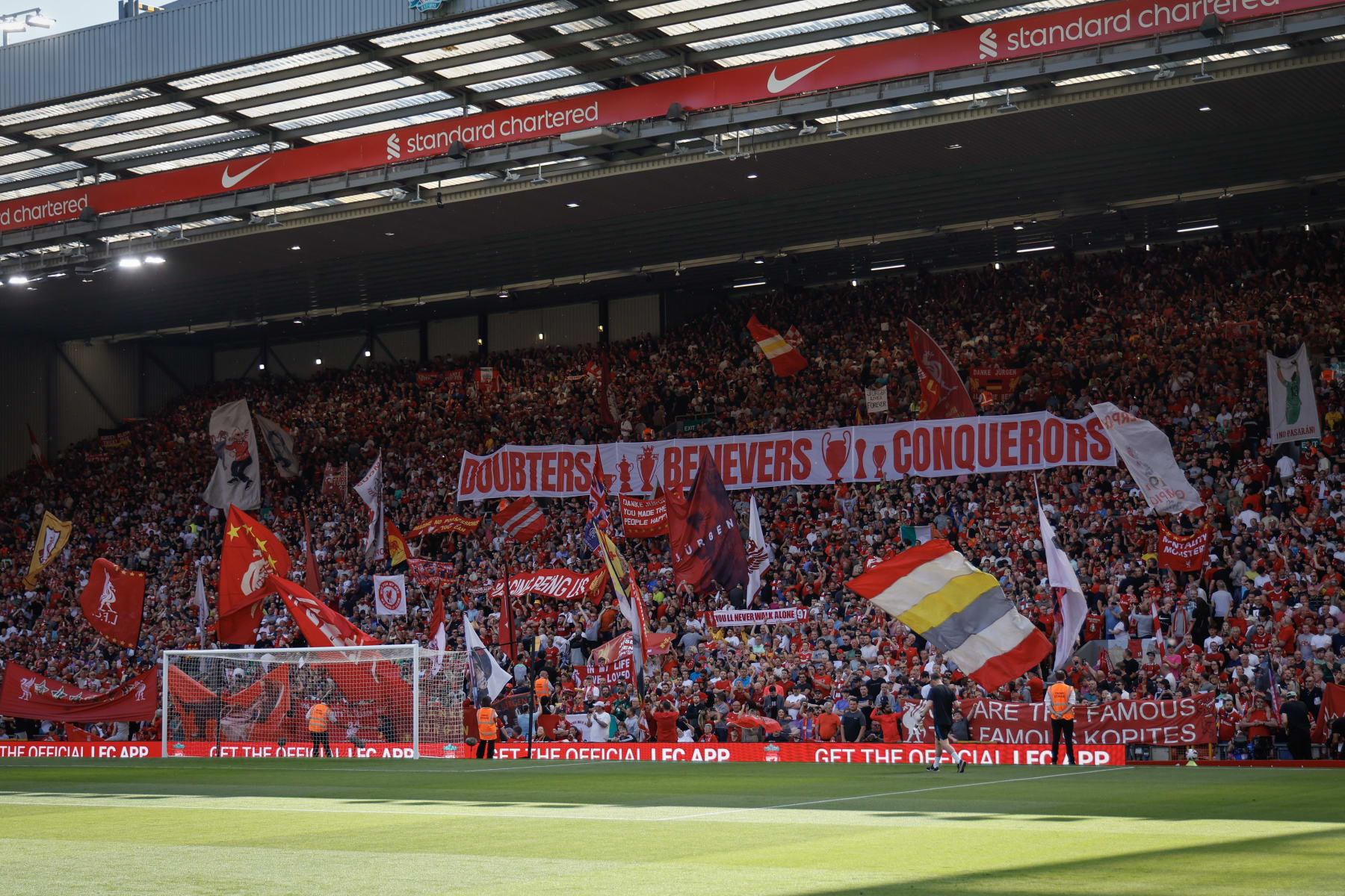 LIVERPOOL, ENGLAND - MAY 19: A general view of the Top stand inside Anfield before the Premier League match between Liverpool FC and Wolverhampton Wanderers at Anfield on May 19, 2024 in Liverpool, England.(Photo by James Baylis - AMA/Getty Images)