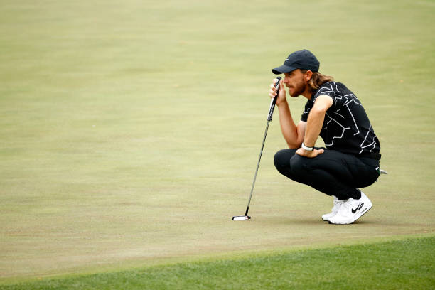 AUGUSTA, GEORGIA - APRIL 08: Tommy Fleetwood of England looks over a putt on the 11th green during the first round of the Masters at Augusta National Golf Club on April 08, 2021 in Augusta, Georgia. (Photo by Jared C. Tilton/Getty Images)