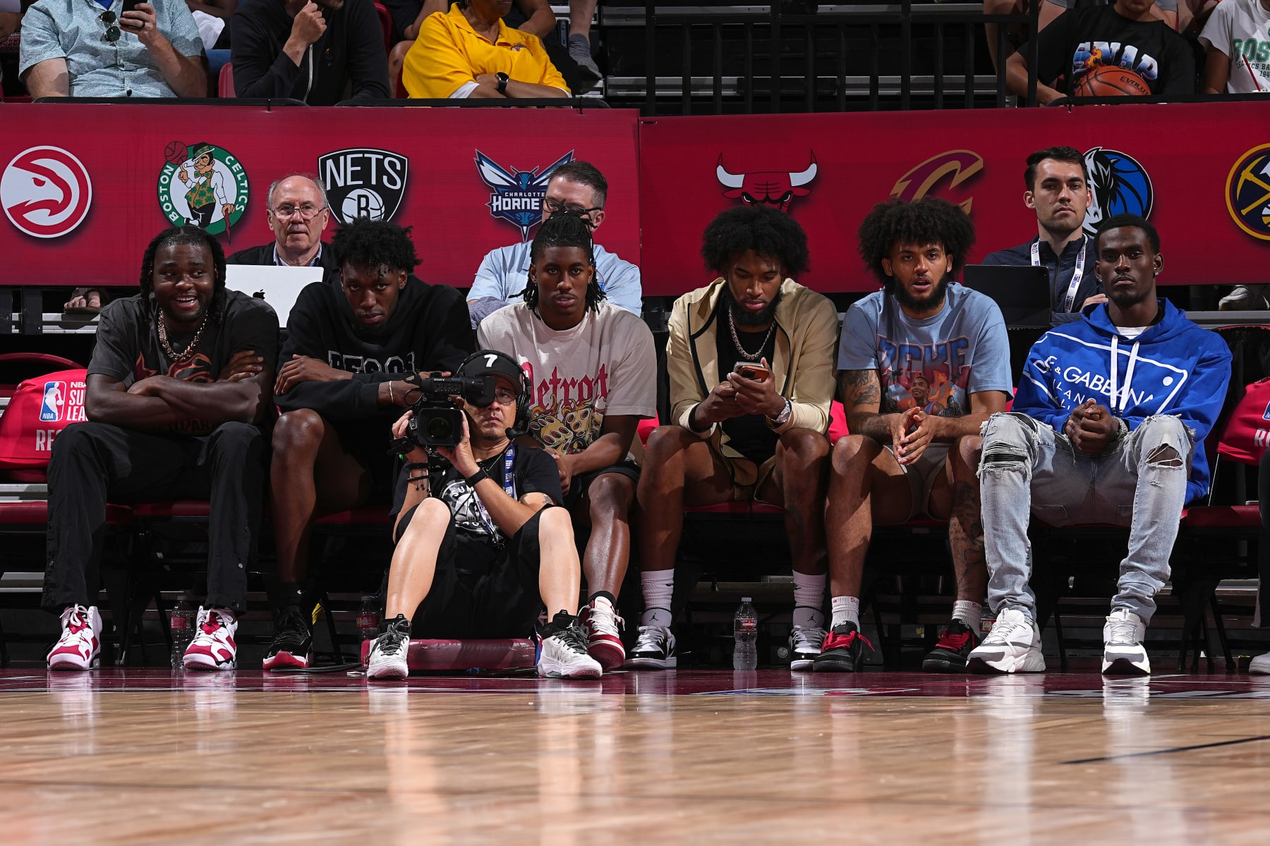 LAS VEGAS, NV - JULY 12: Isaiah Stewart, James Wiseman, Jaden Ivey, Marvin Bagley III, Isaiah Livers, and Jalen Duren of the Detroit Pistons during the 2023 NBA Las Vegas Summer League on July 12, 2023 at the Thomas & Mack Center in Las Vegas, Nevada. NOTE TO USER: User expressly acknowledges and agrees that, by downloading and or using this photograph, User is consenting to the terms and conditions of the Getty Images License Agreement. Mandatory Copyright Notice: Copyright 2023 NBAE (Photo by Bart Young/NBAE via Getty Images)