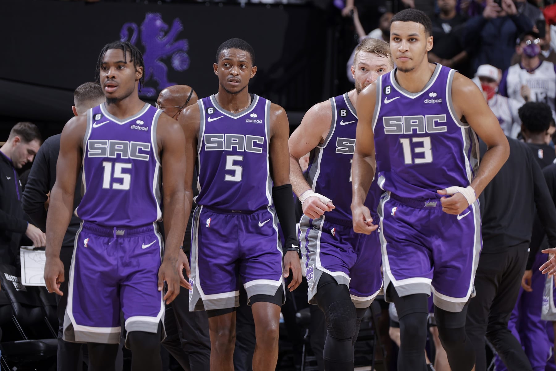SACRAMENTO, CA - DECEMBER 30: Davion Mitchell #15,  De'Aaron Fox #5, Domantas Sabonis #10, and Keegan Murray #13 of the Sacramento Kings on the court during the game against the Utah Jazz on December 30, 2022 at Golden 1 Center in Sacramento, California. NOTE TO USER: User expressly acknowledges and agrees that, by downloading and or using this Photograph, user is consenting to the terms and conditions of the Getty Images License Agreement. Mandatory Copyright Notice: Copyright 2022 NBAE (Photo by Rocky Widner/NBAE via Getty Images)