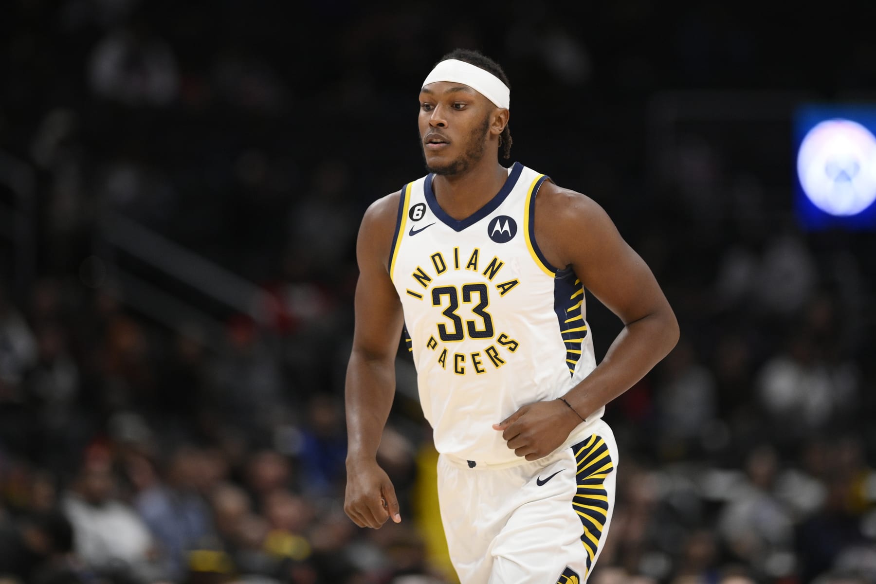 Indiana Pacers center Myles Turner (33) in action during the first half of an NBA basketball game against the Washington Wizards, Friday, Oct. 28, 2022, in Washington. (AP Photo/Nick Wass)