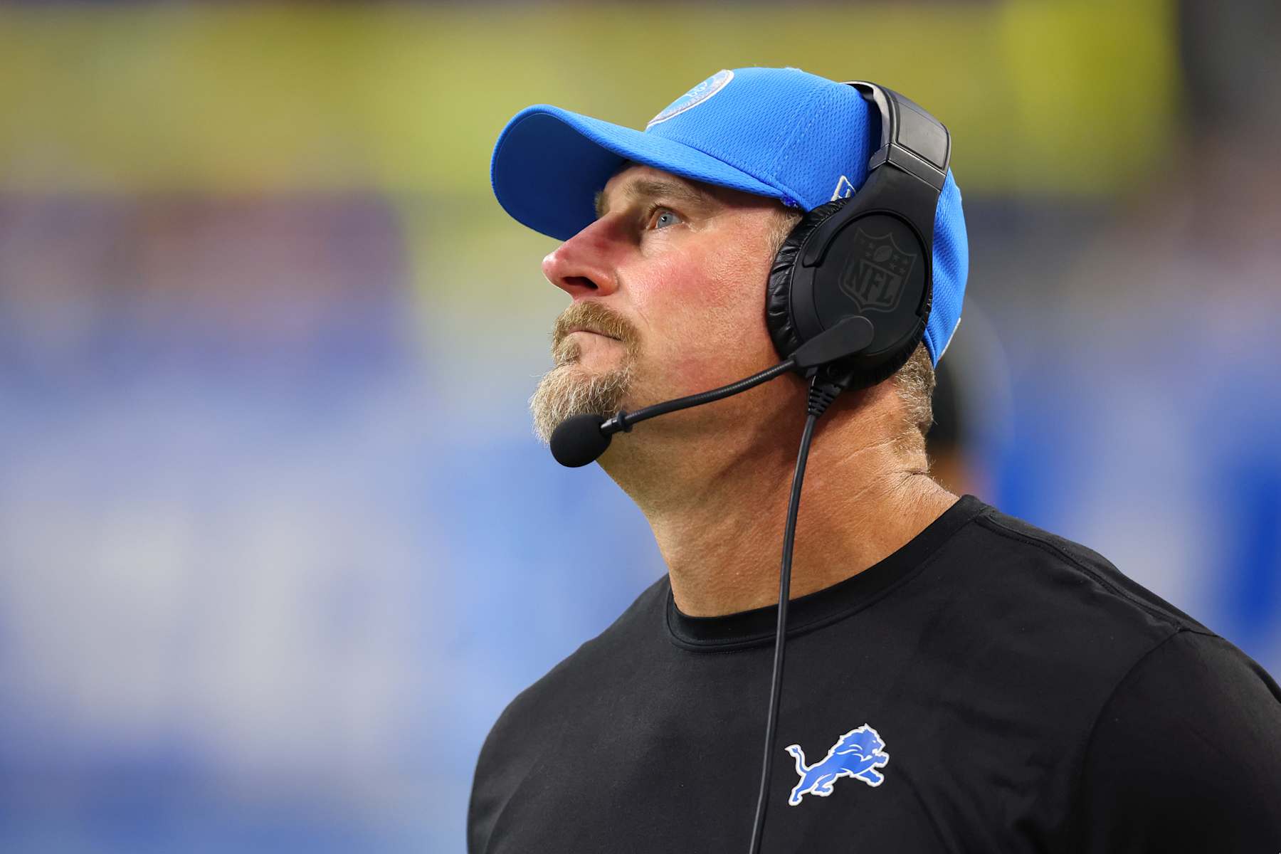 DETROIT, MICHIGAN - OCTOBER 27: Head coach Dan Campbell of the Detroit Lions looks on in the third quarter of a game against the Tennessee Titans at Ford Field on October 27, 2024 in Detroit, Michigan. (Photo by Gregory Shamus/Getty Images)