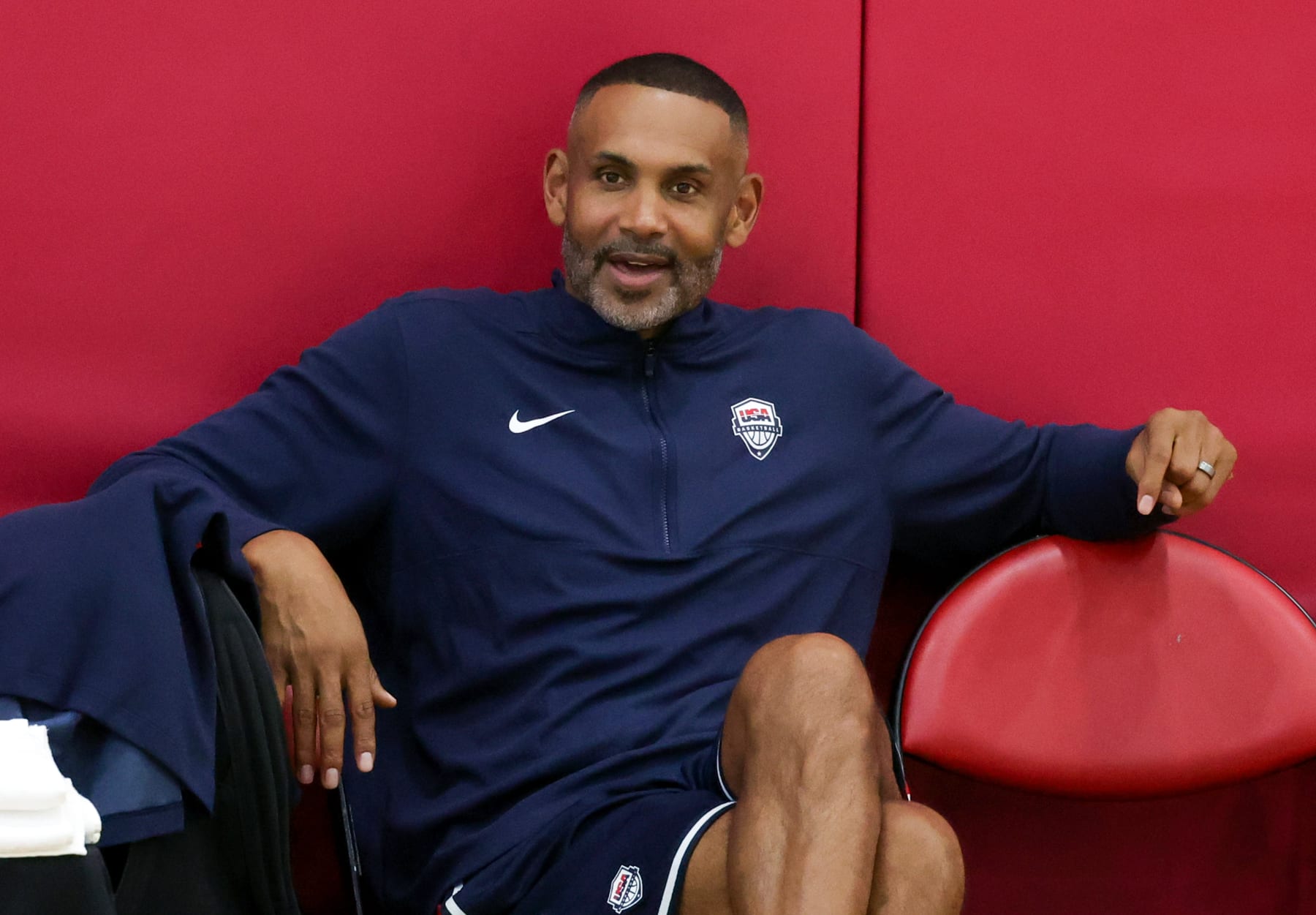 LAS VEGAS, NEVADA - JULY 07: USA Basketball Men's National Team Managing Director Grant Hill watches a practice session scrimmage during the team's training camp at the Mendenhall Center at UNLV on July 07, 2024 in Las Vegas, Nevada. (Photo by Ethan Miller/Getty Images)