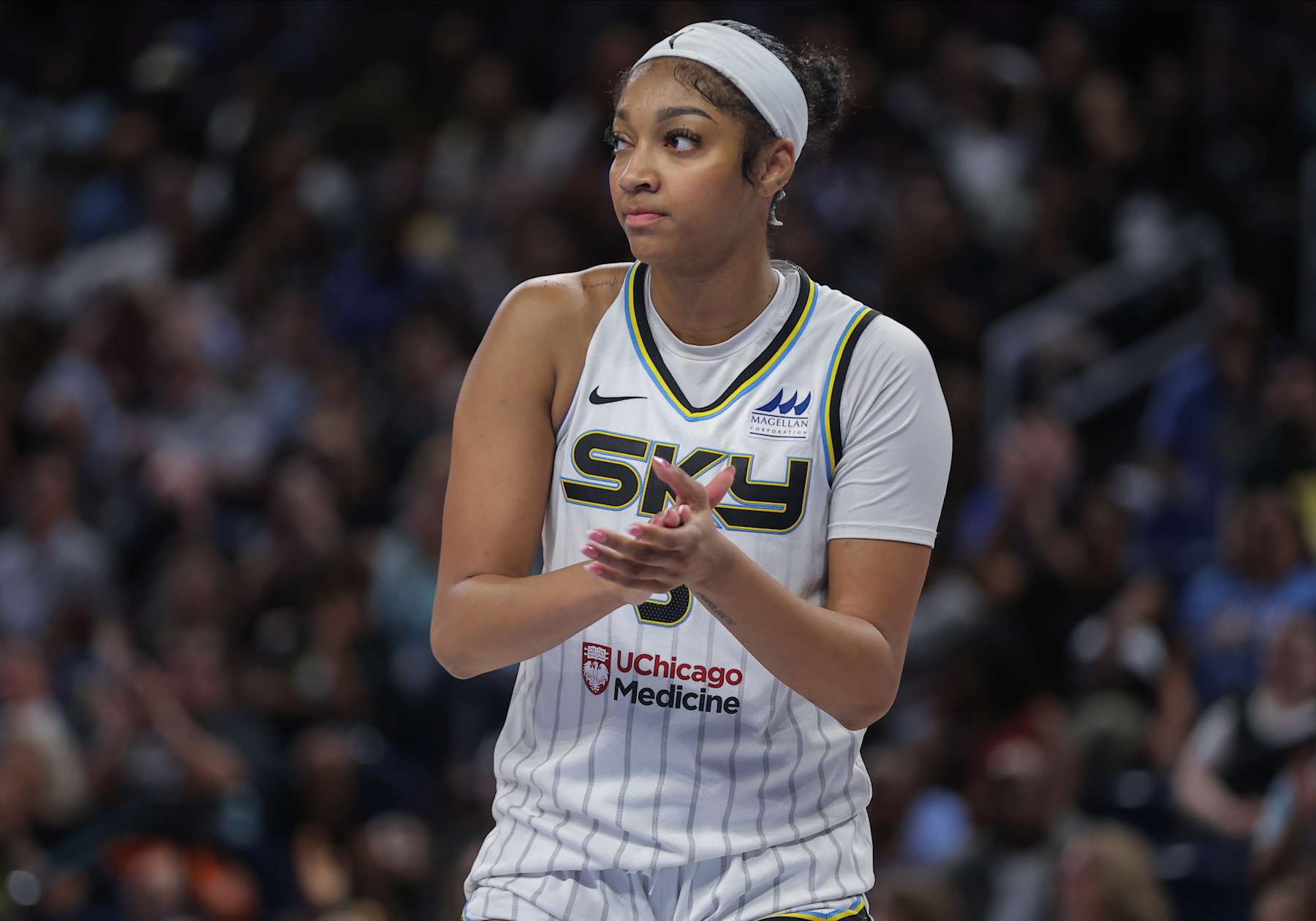 CHICAGO, IL - AUGUST 28: Angel Reese #5 of the Chicago Sky reacts during the second half of a WNBA game against the Washington Mystics on August 28, 2024 at Wintrust Arena in Chicago, Illinois. (Photo by Melissa Tamez/Icon Sportswire via Getty Images)