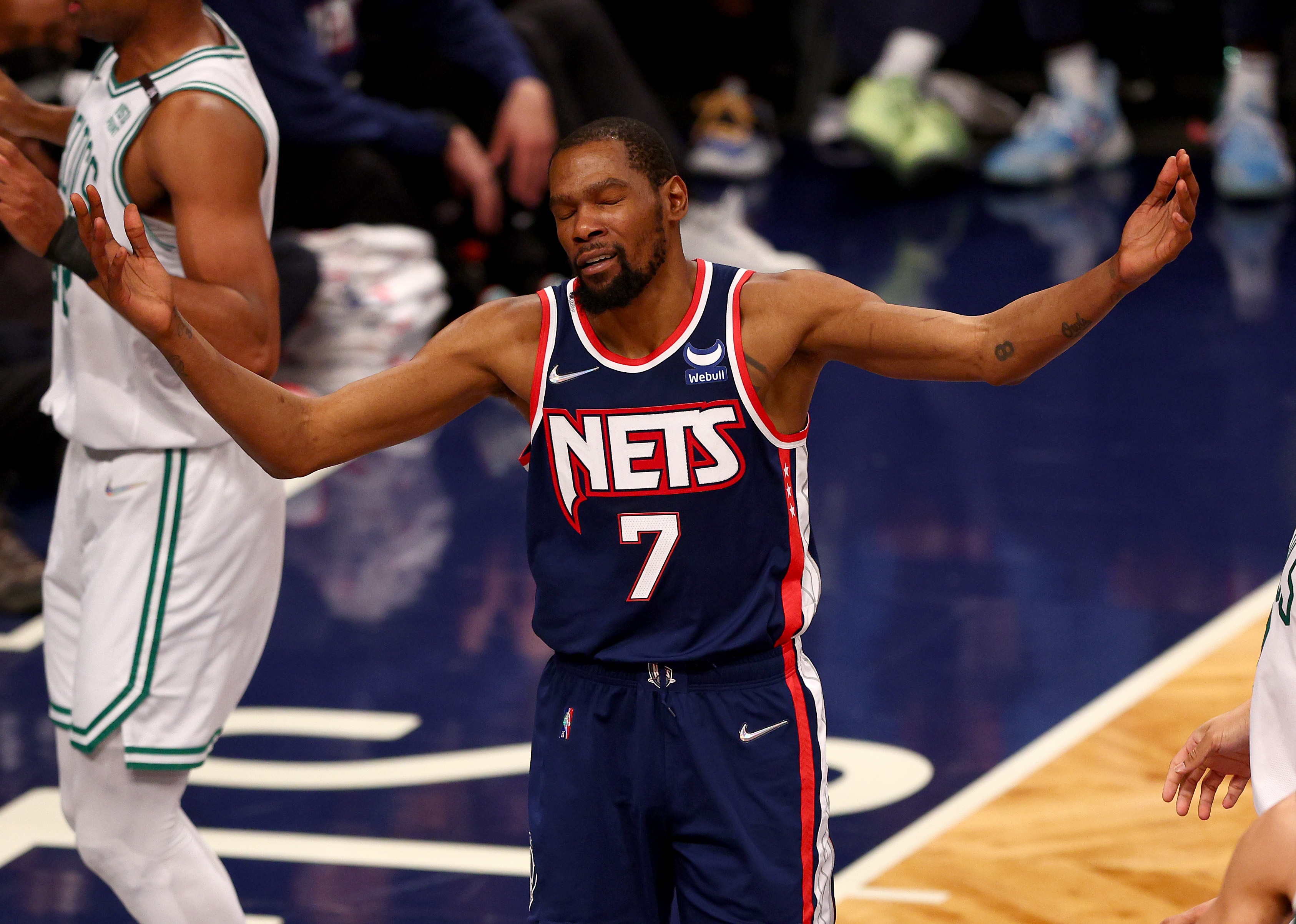 NEW YORK, NEW YORK - APRIL 25: Kevin Durant #7 of the Brooklyn Nets reacts during Game Four of the Eastern Conference First Round Playoffs against the Boston Celtics at Barclays Center on April 25, 2022 in the Brooklyn borough of New York City. The Boston Celtics defeated the Brooklyn Nets 116-112. NOTE TO USER: User expressly acknowledges and agrees that, by downloading and or using this photograph, User is consenting to the terms and conditions of the Getty Images License Agreement. (Photo by Elsa/Getty Images)